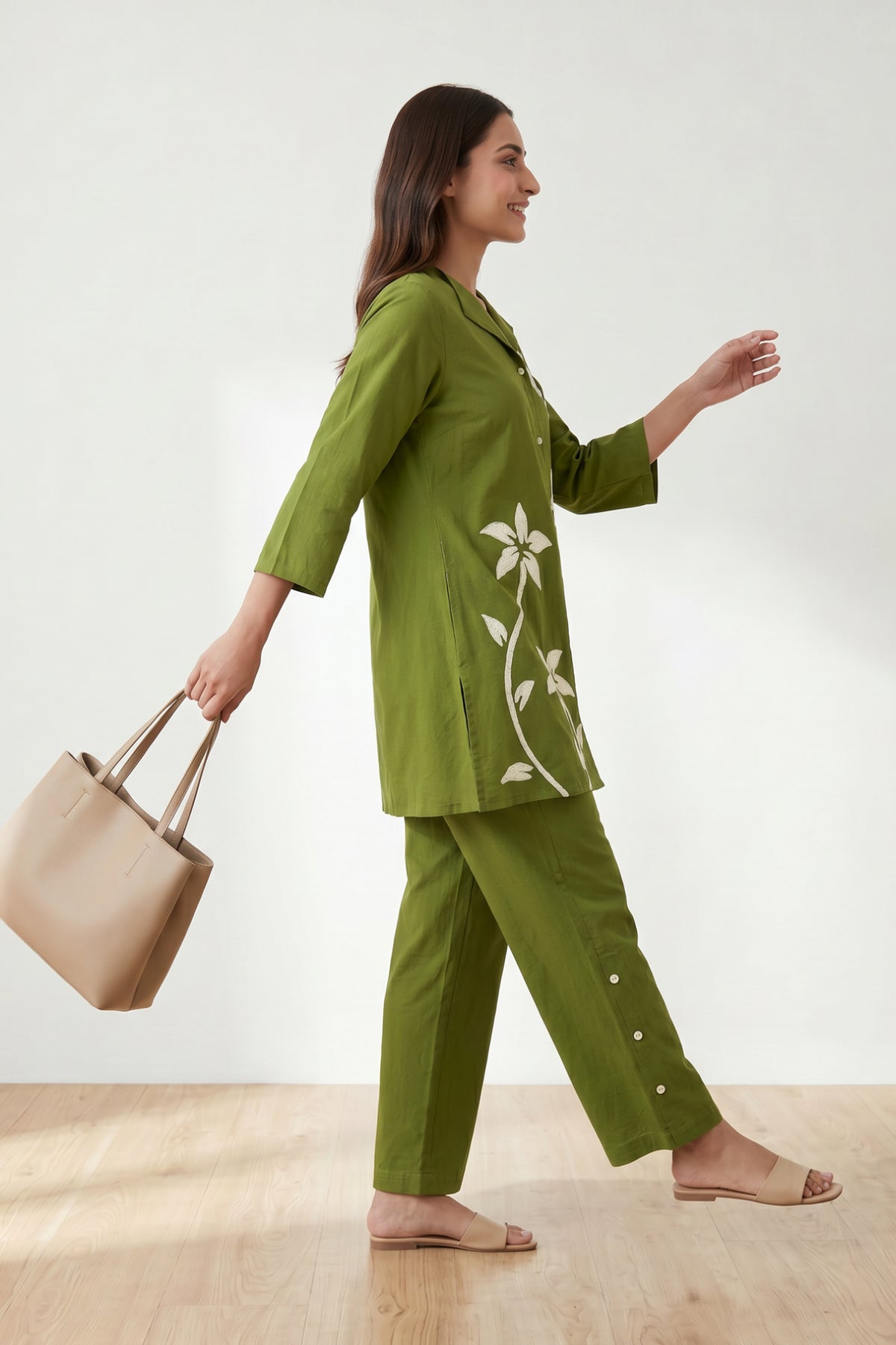 Olive Green Floral Embroidery Shirt & Trouser Cotton Flex Co-ord Set