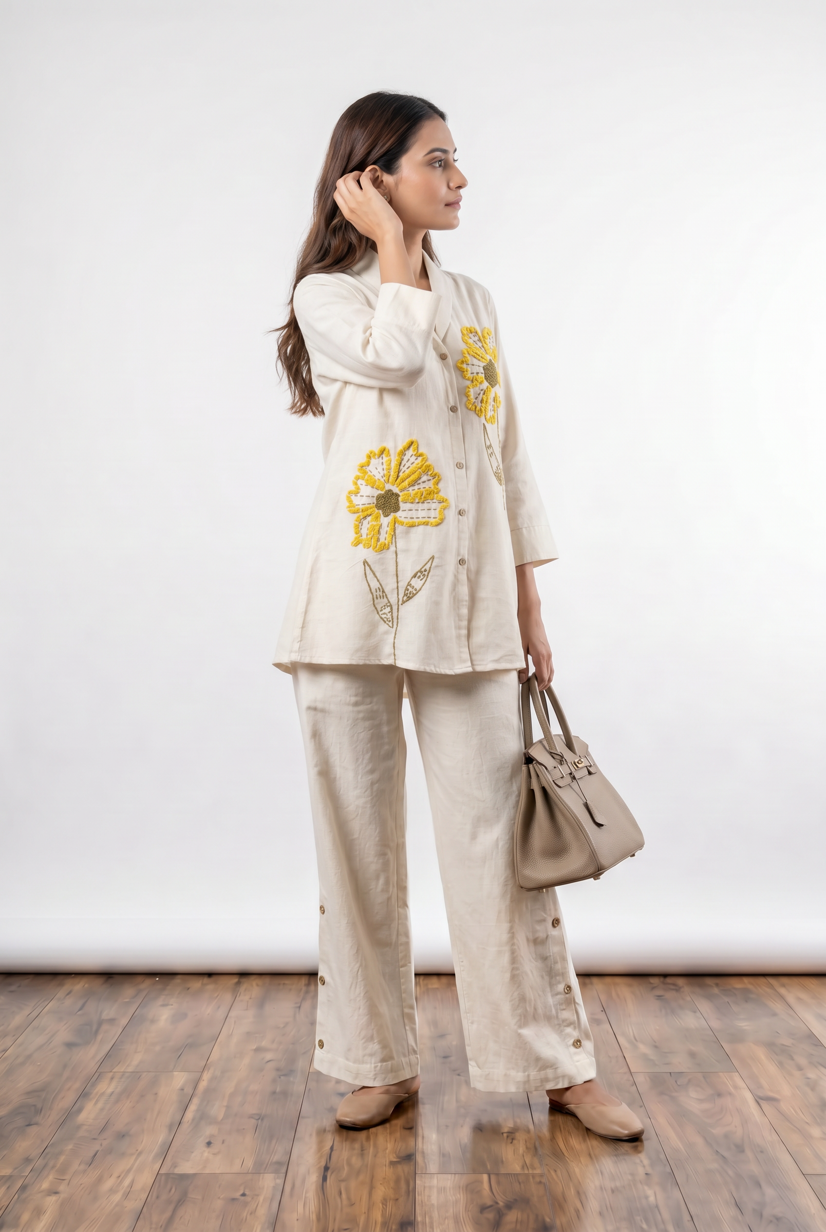 Ivory Floral Applique Cotton Flex Co-Ord Set
