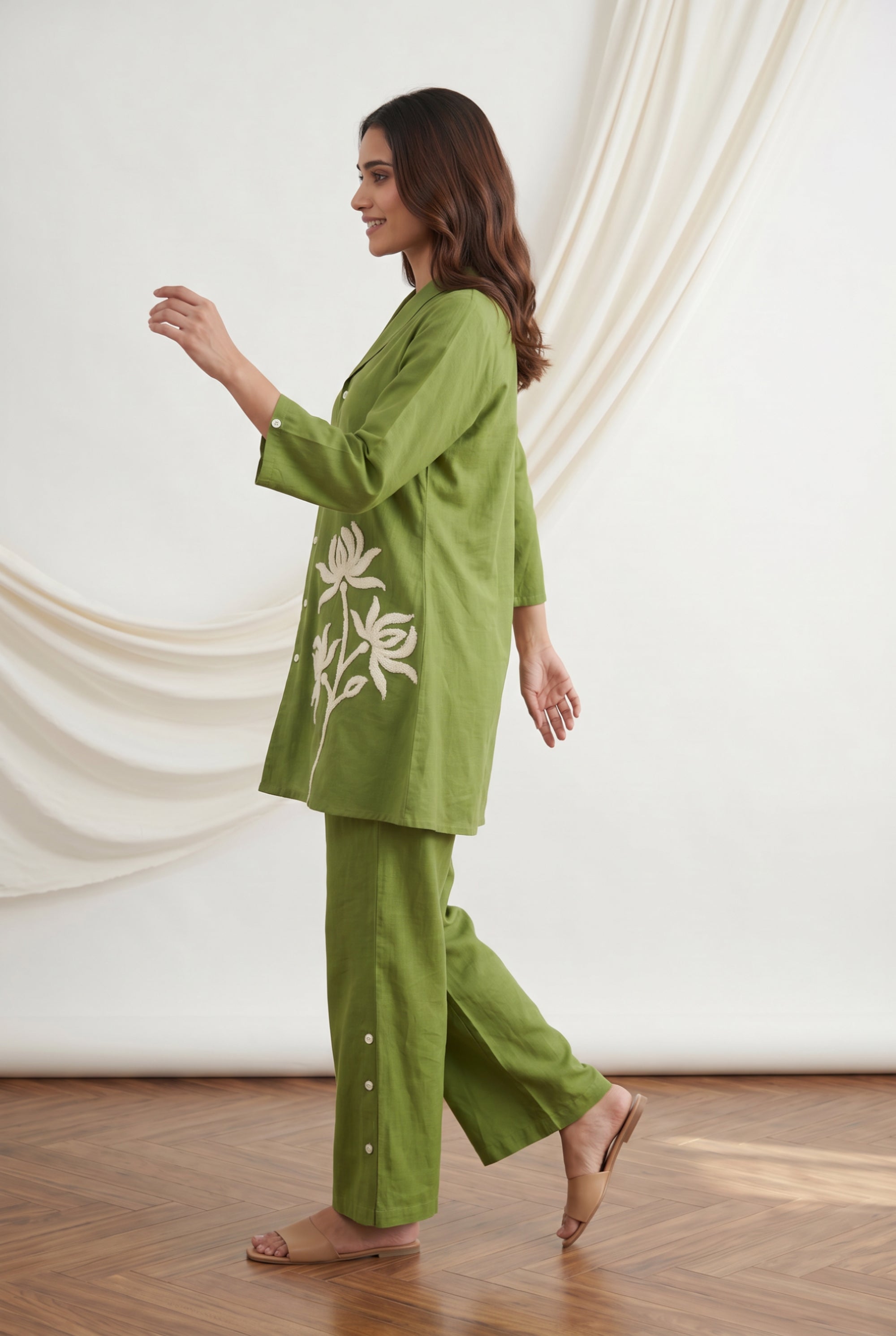 Green Cotton Flex Co-ord Set with Floral Embroidered & Straight Pants