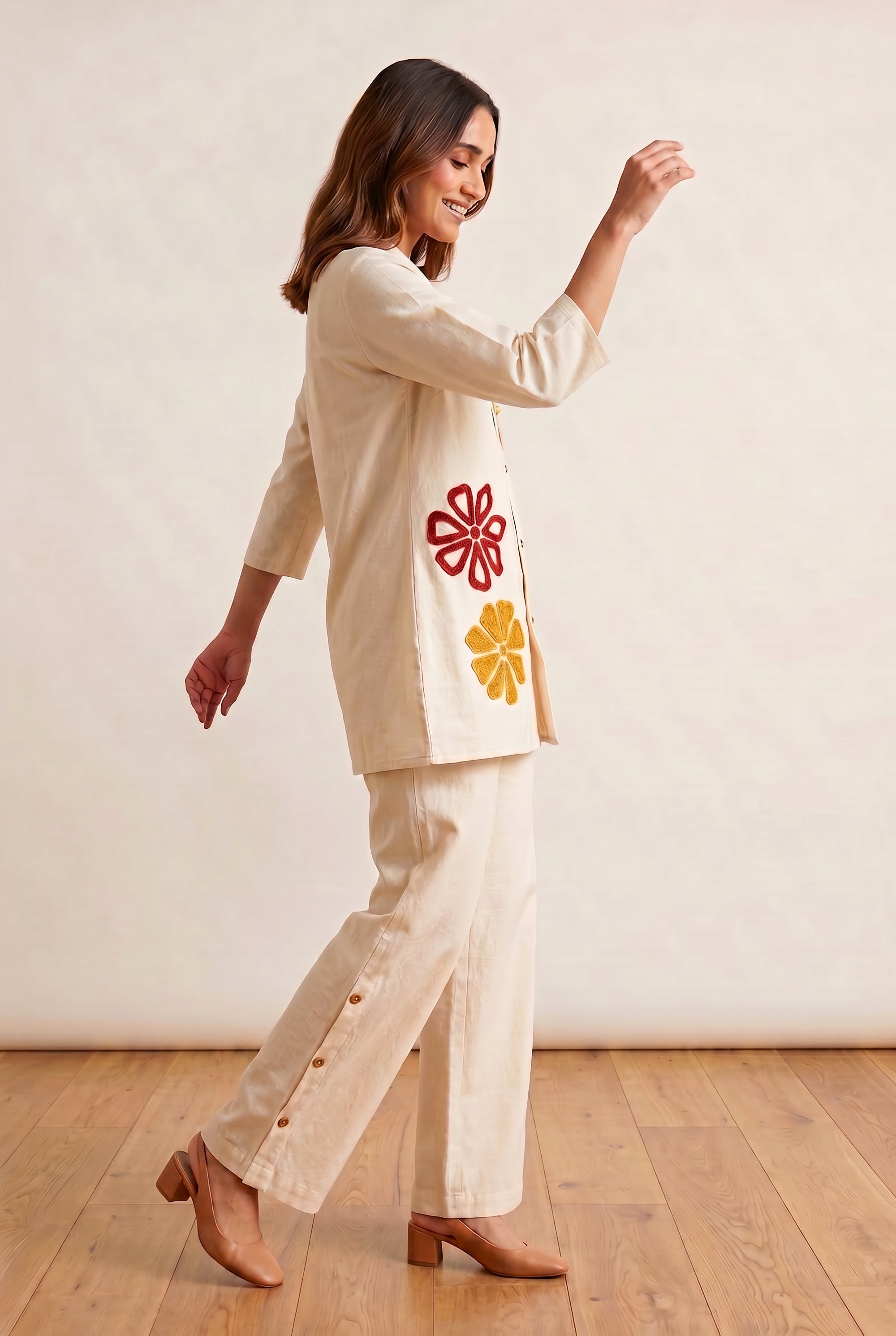 Off White Floral Detail Shirt & Palazzo Embroidery Cotton Flex Co-ord Set