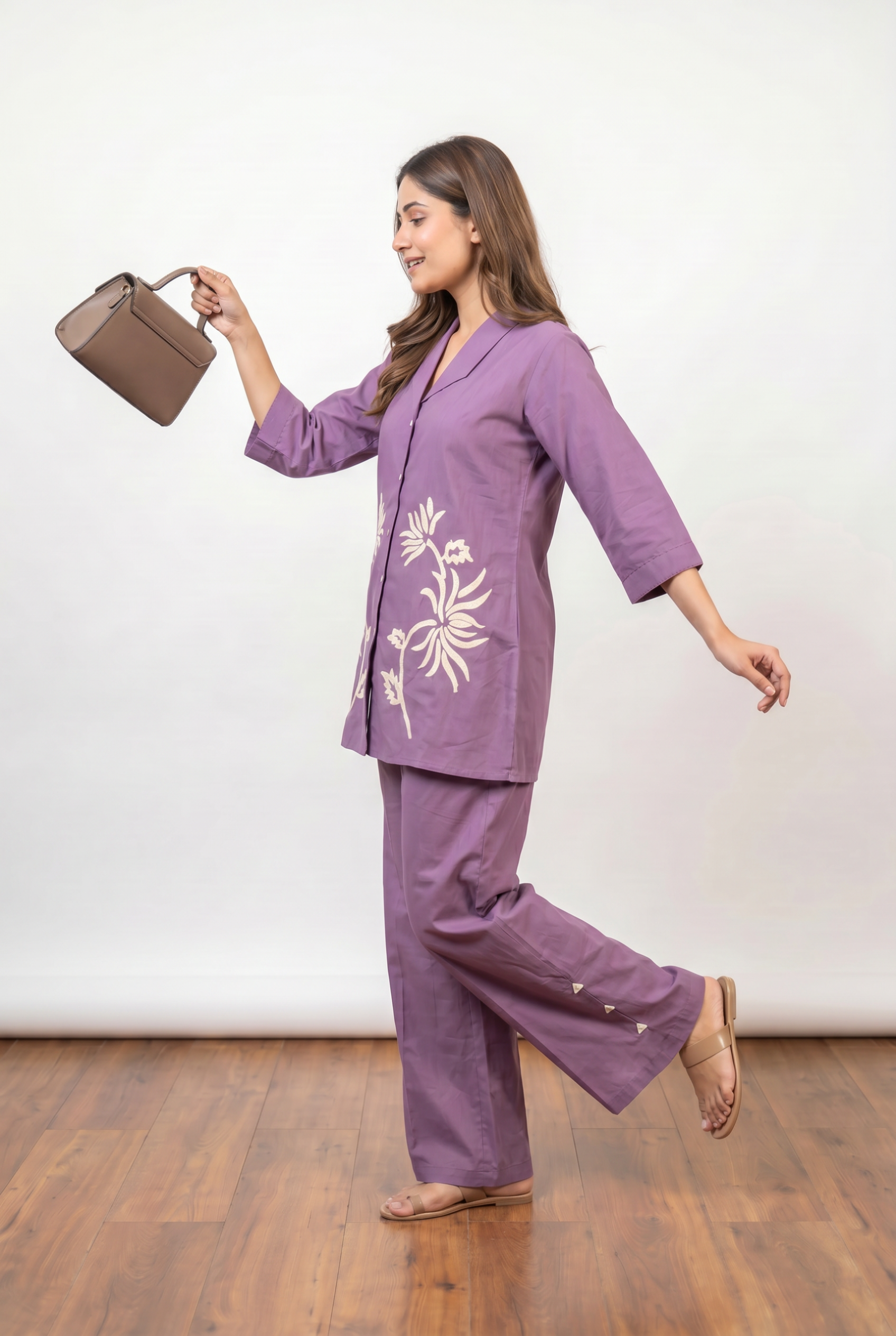 Lavender Floral Applique Cotton Co-Ord Set