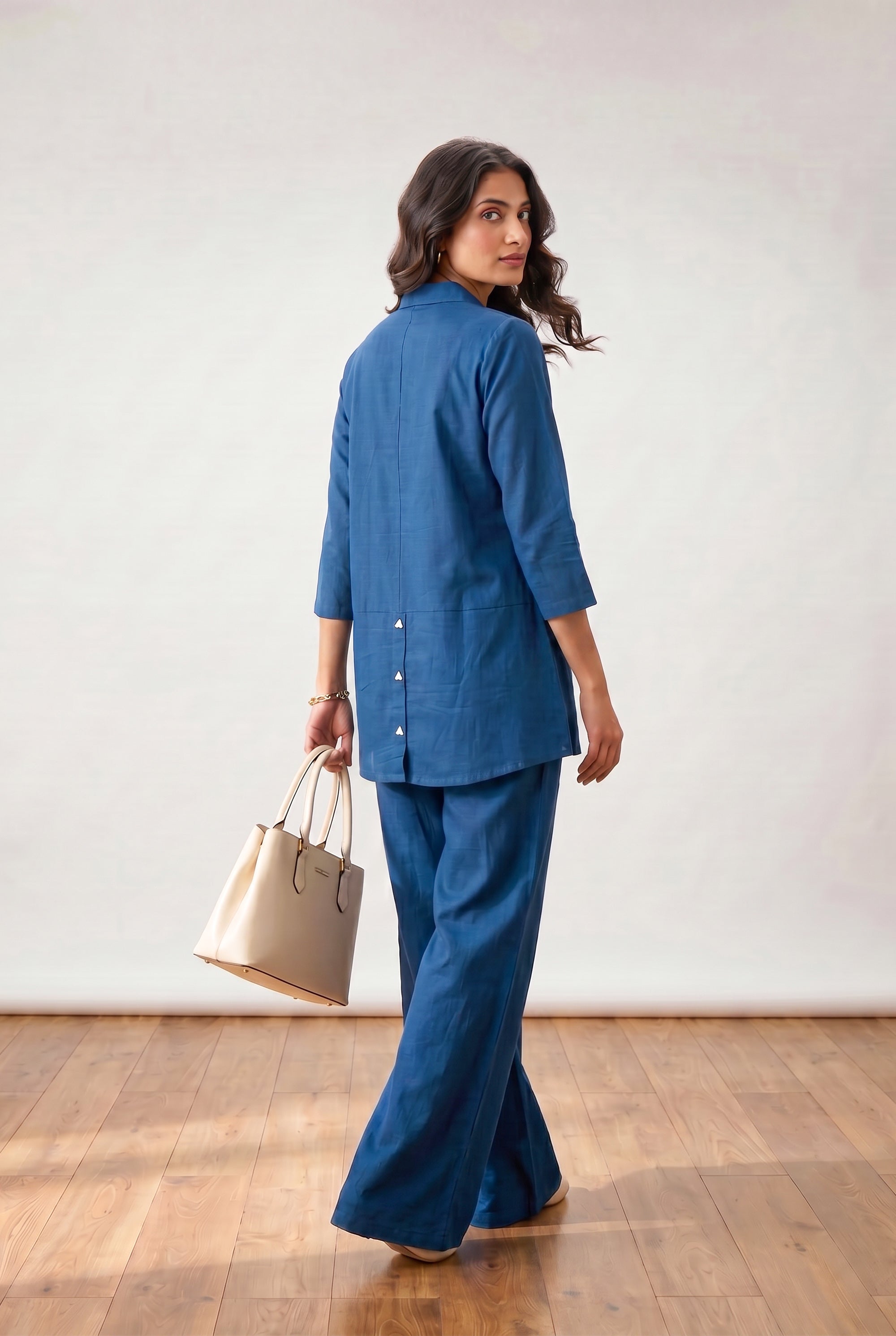 Blue Floral Embroidery Relaxed Fit Cotton Flex Co-ord Set