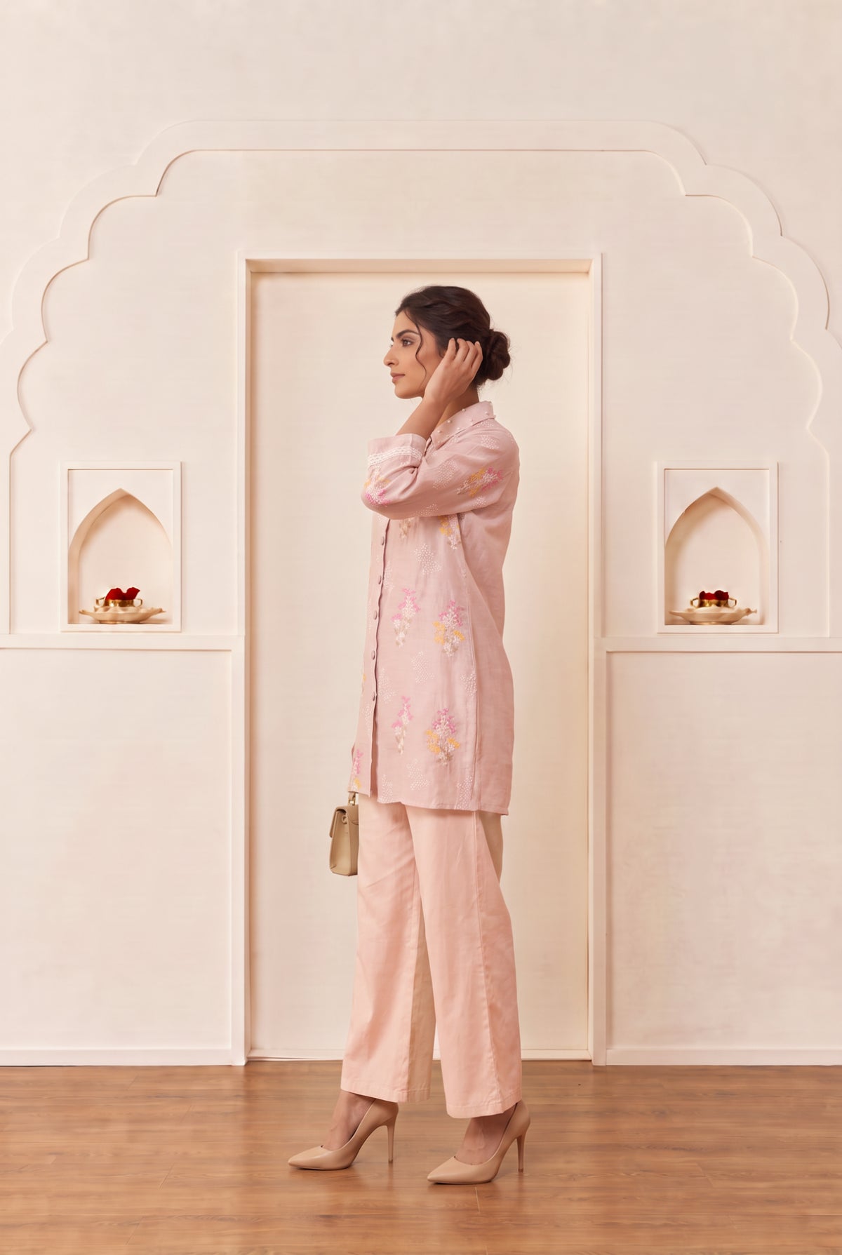 Beige Garden Floral Mul chanderi Co-Ord Set