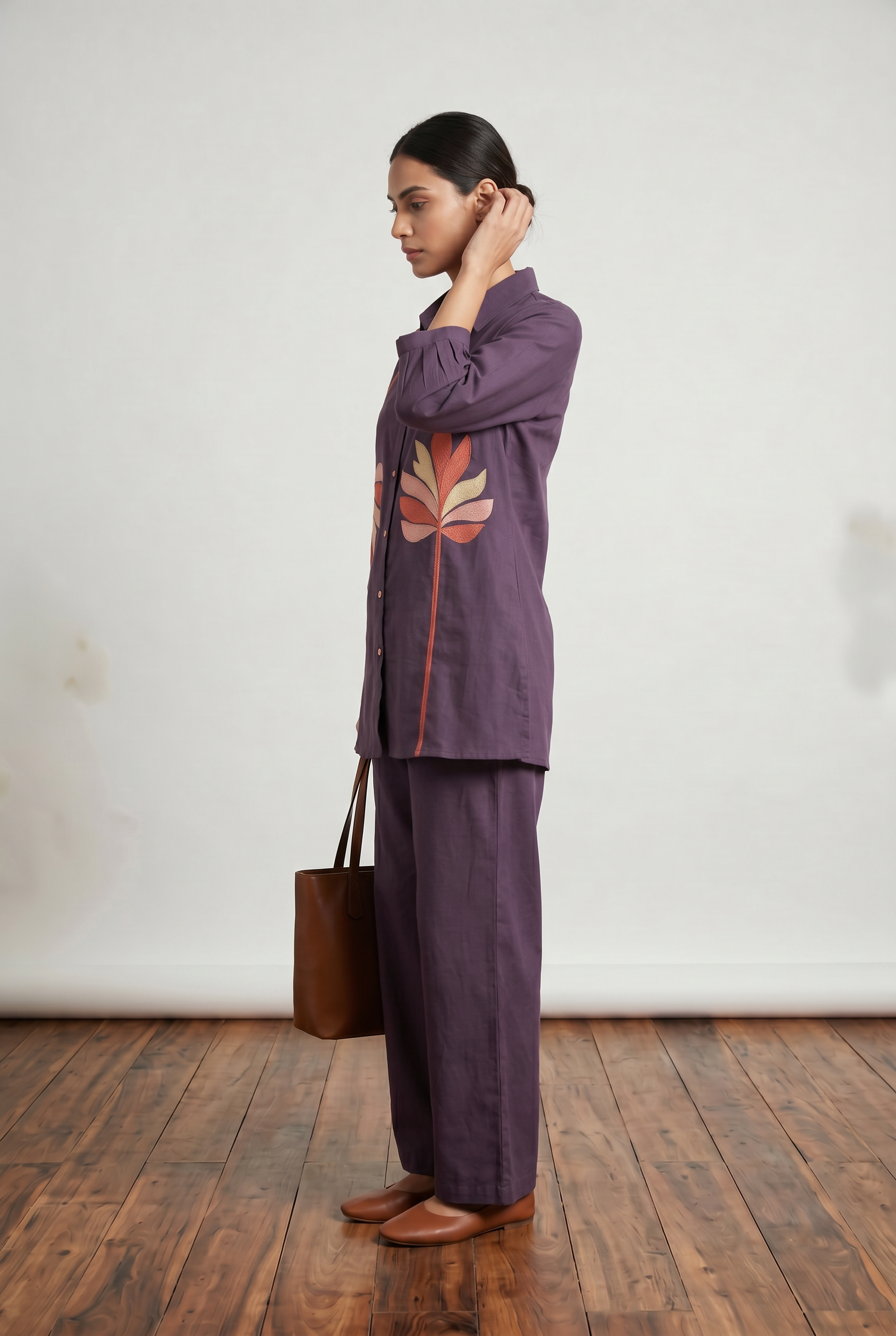 Deep Purple Abstract Leaf Embroidered Cotton Flex Co-ord Set