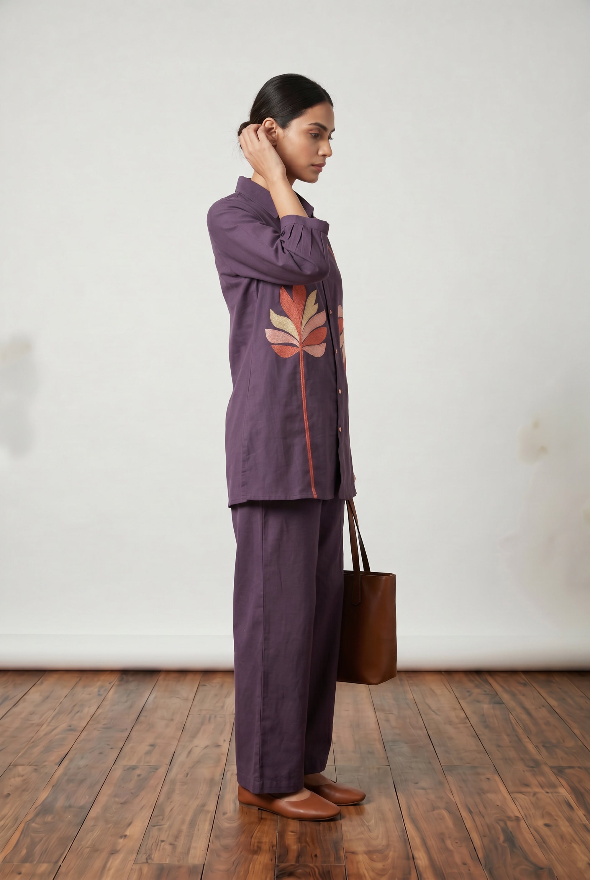Deep Purple Abstract Leaf Embroidered Cotton Flex Co-ord Set