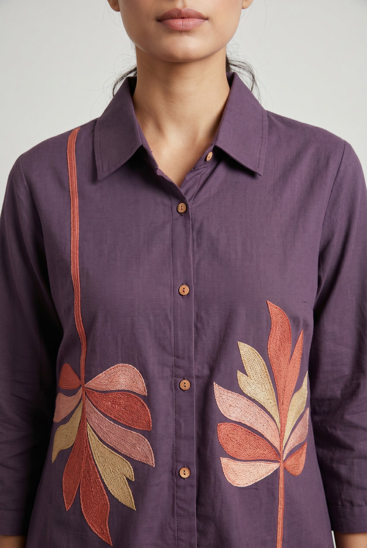 Deep Purple Abstract Leaf Embroidered Cotton Flex Co-ord Set