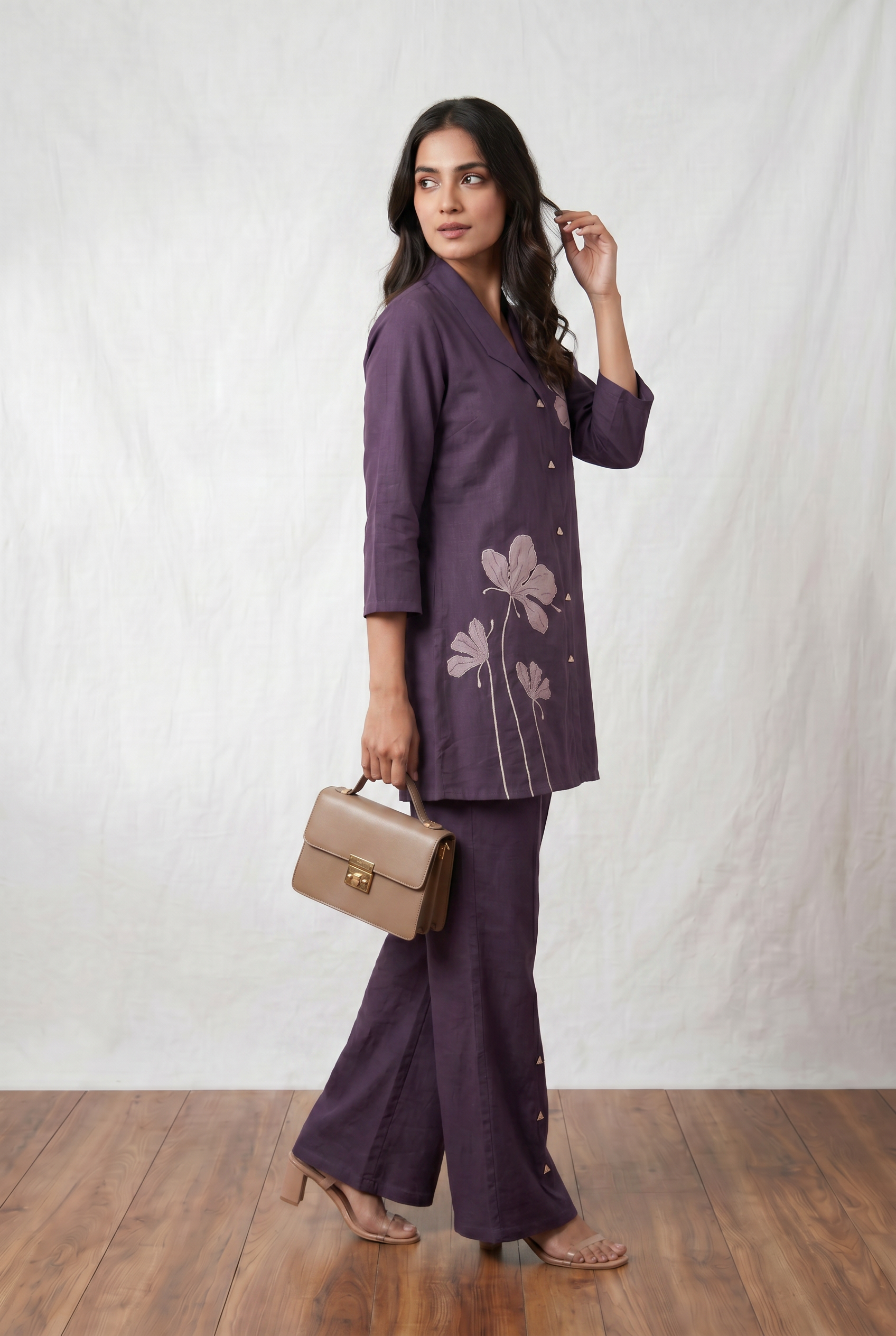 Purple Floral Applique Cotton Flex Co-Ord Set