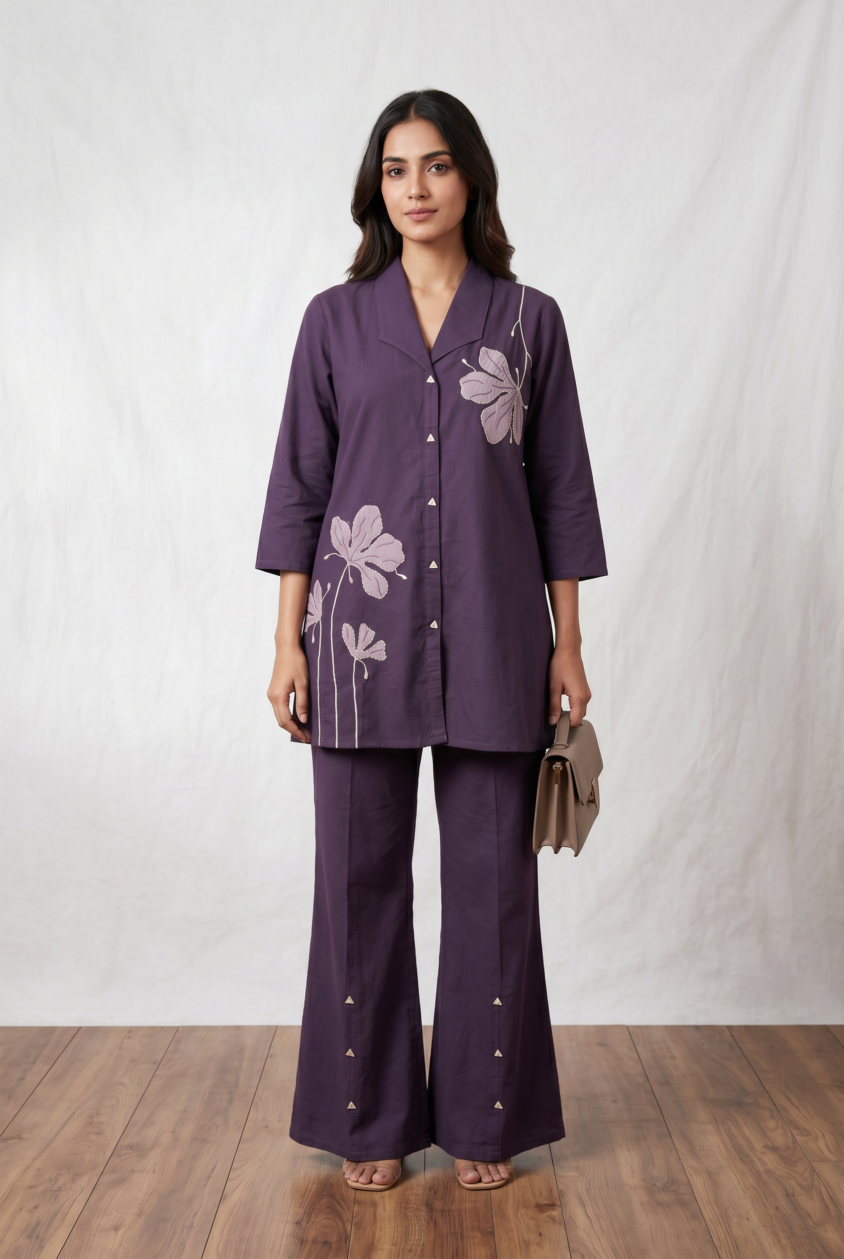 Purple Floral Applique Cotton Flex Co-Ord Set