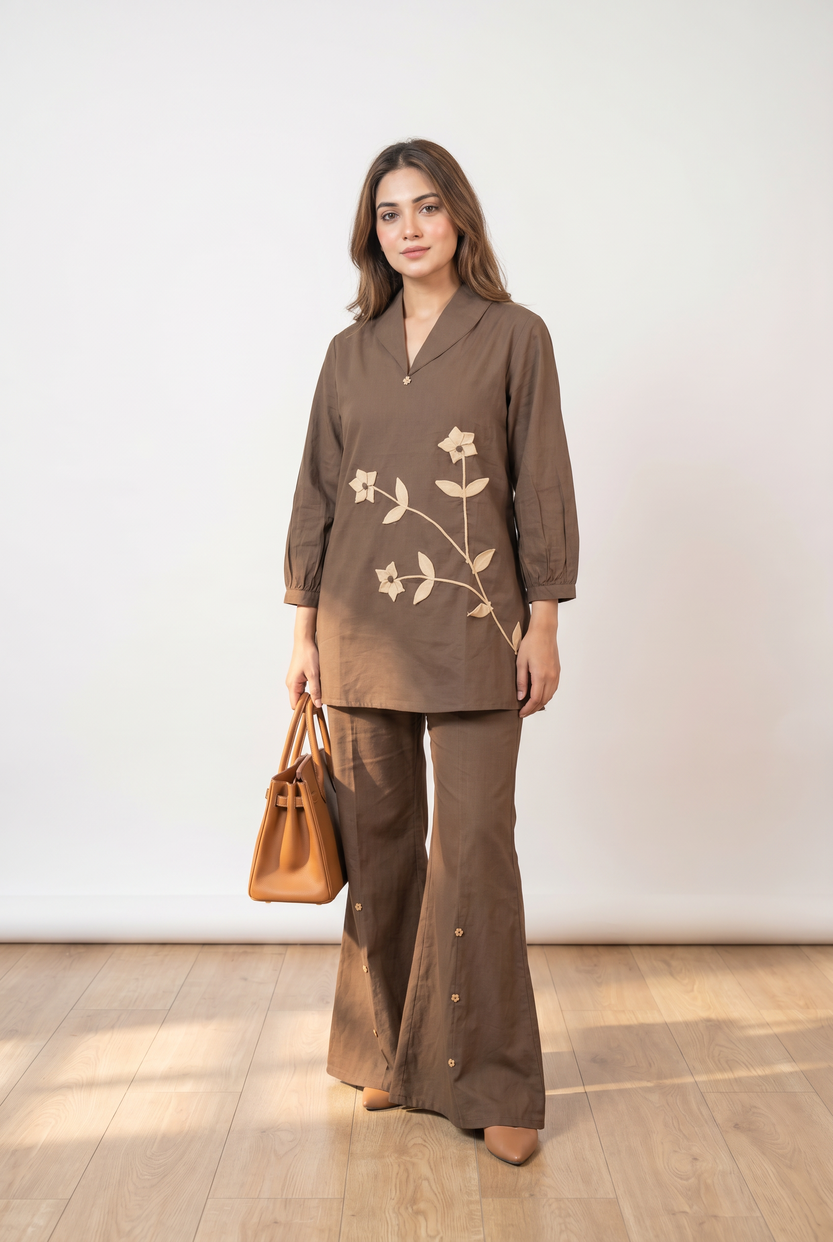 Mocha Floral Applique Cotton Co-Ord Set