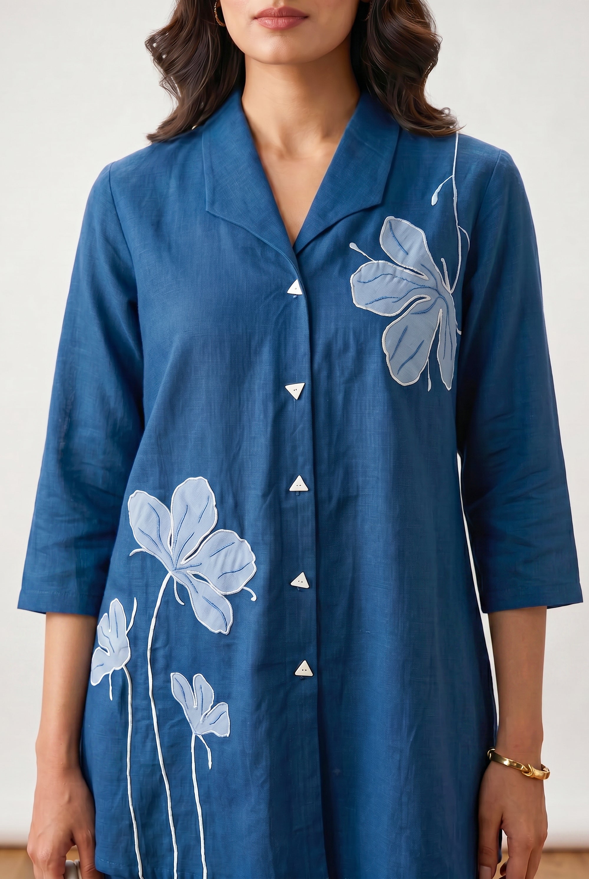 Blue Floral Embroidery Relaxed Fit Cotton Flex Co-ord Set