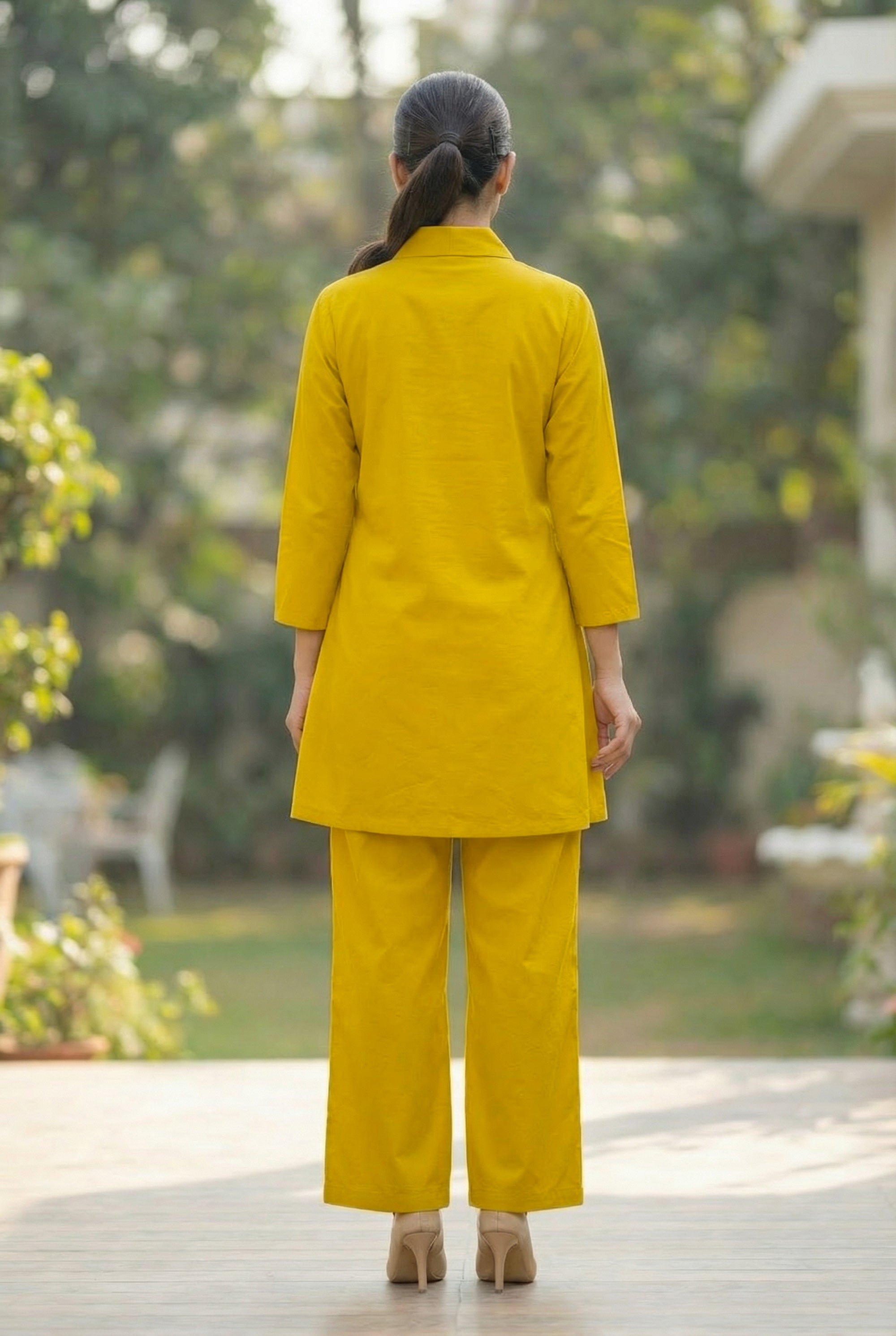 Mustard Sunbeam Leaf Embroidered Button-Down Cotton Co-ord Set