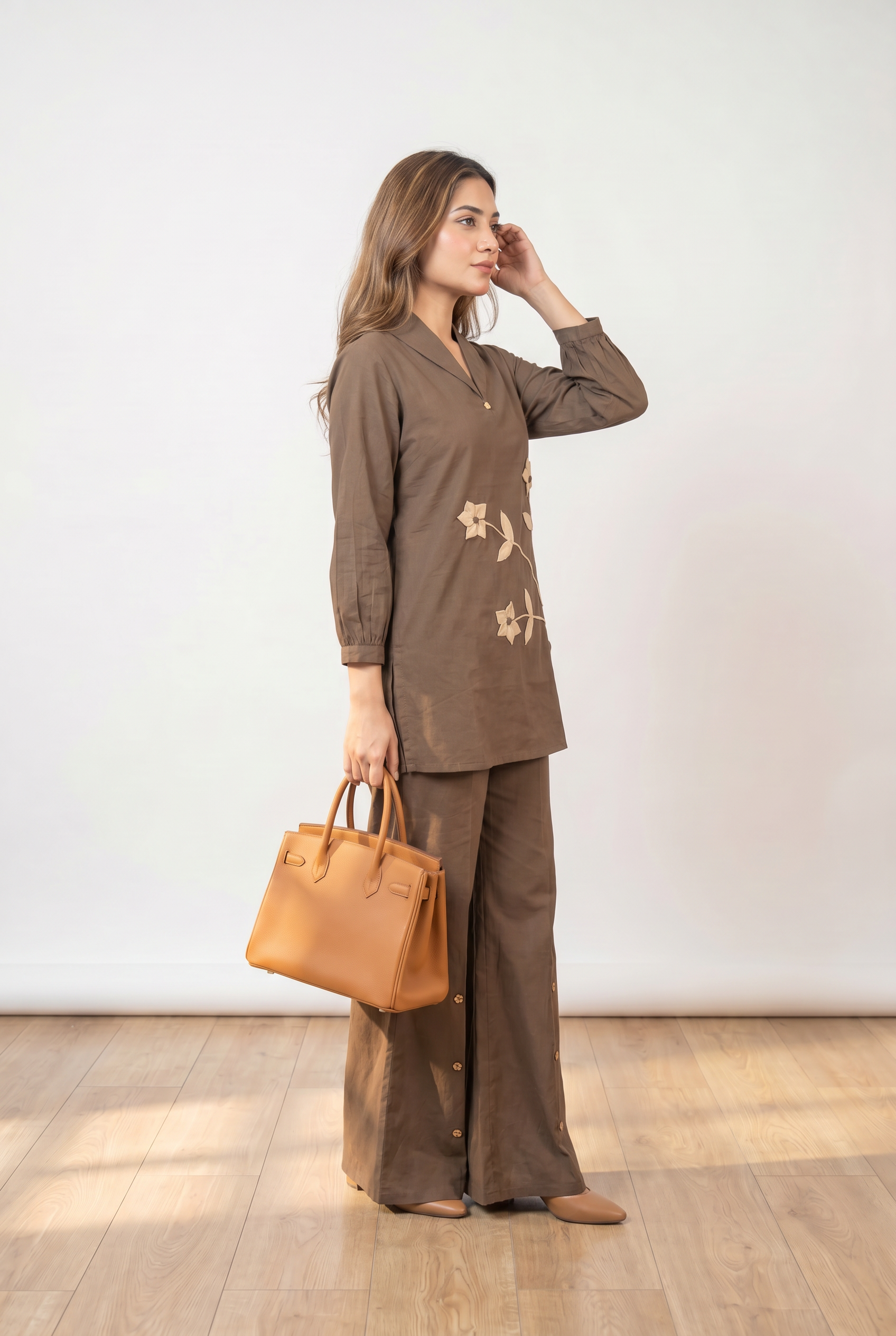 Mocha Floral Applique Cotton Co-Ord Set