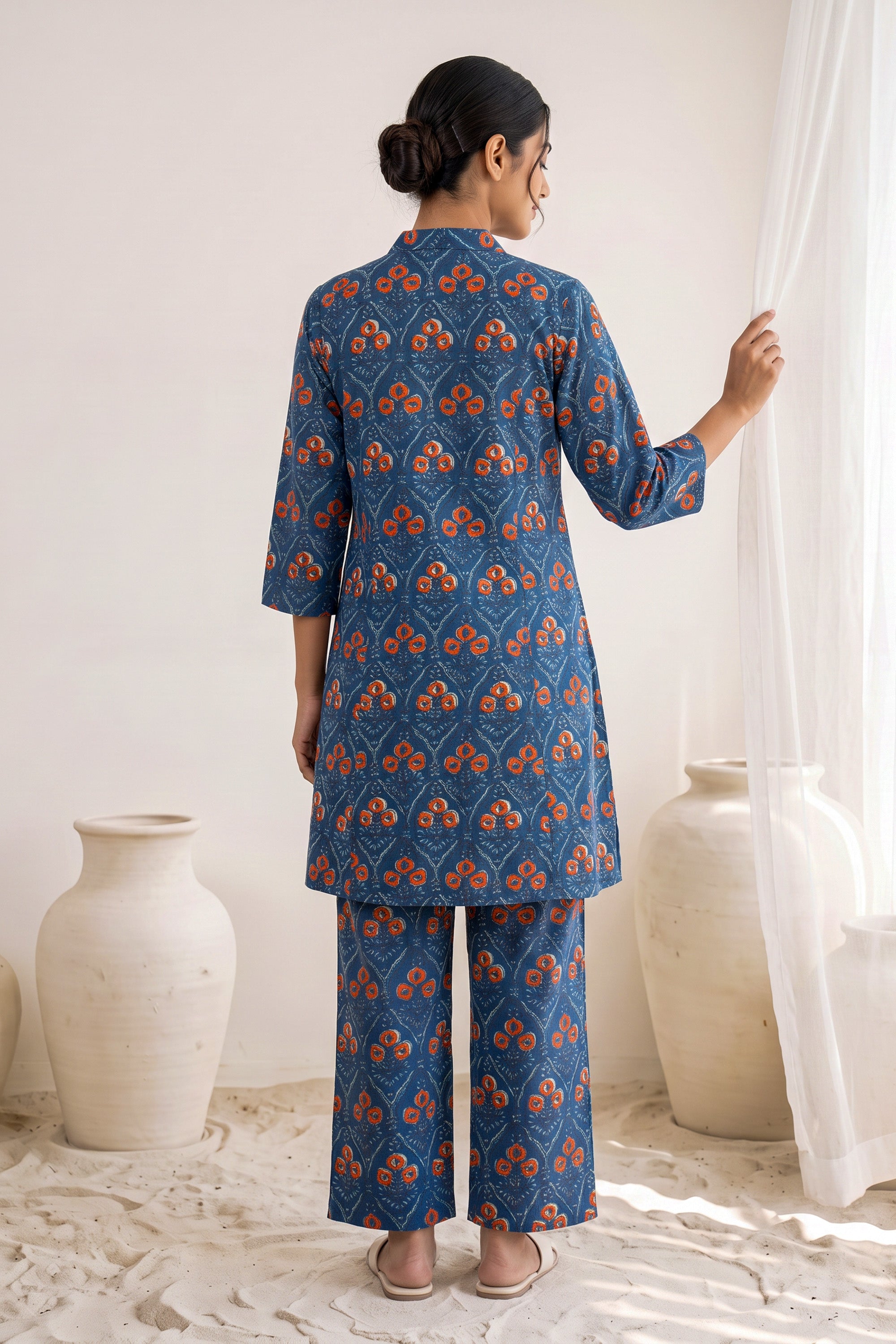 Indigo Floral Print Front Pleat Cotton Co-ord Set