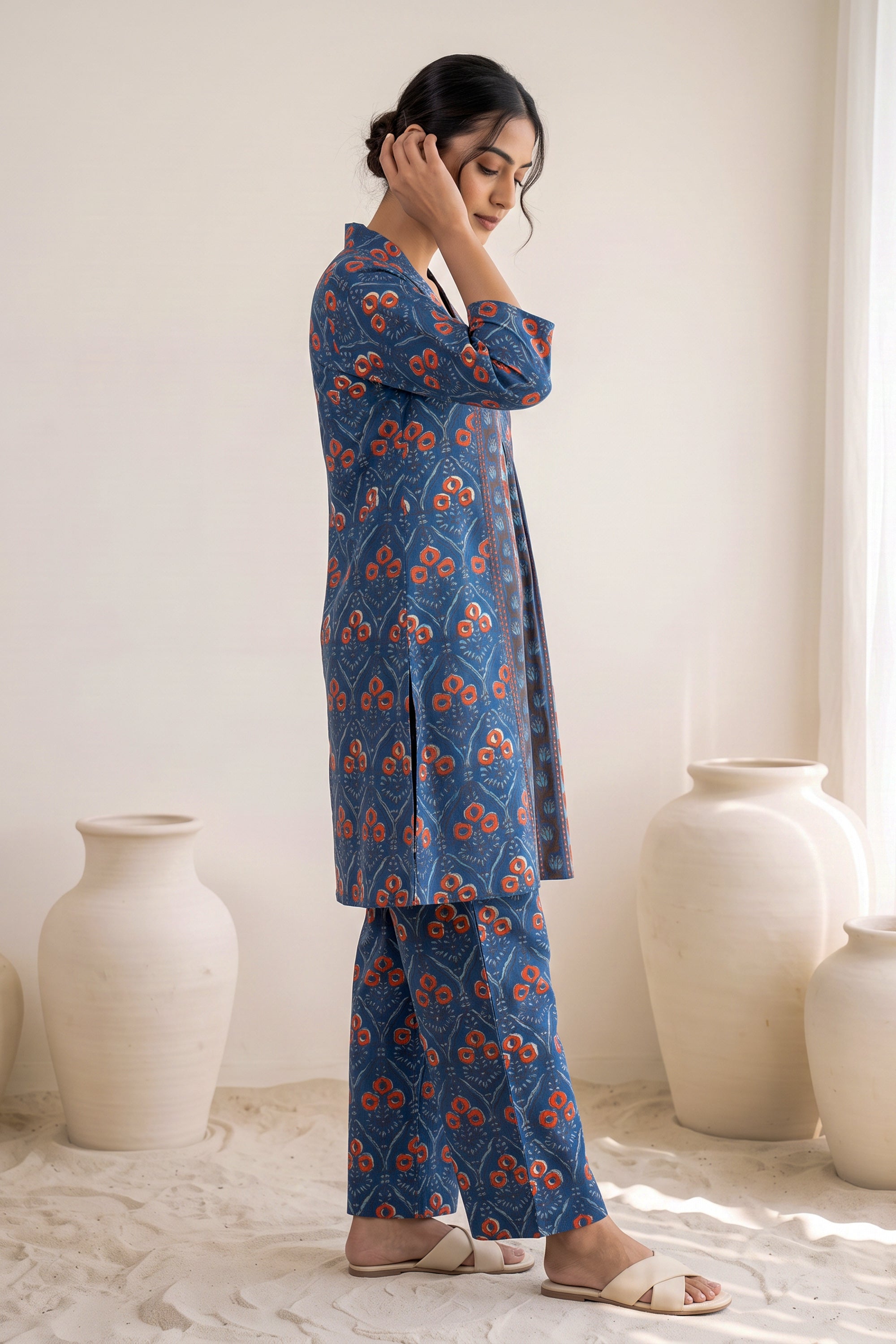 Indigo Floral Print Front Pleat Cotton Co-ord Set
