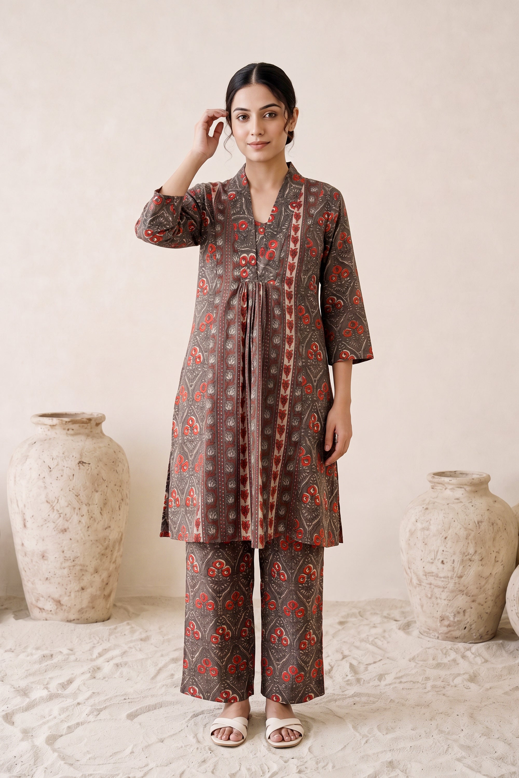 Ajrakh Print Front Pleat Cotton Co-ord Set