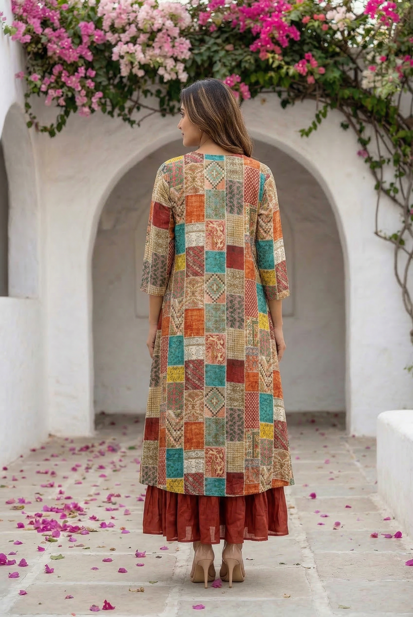 Multicolor Patchwork with Beige Anarkali Russian Silk Long Shrug Set