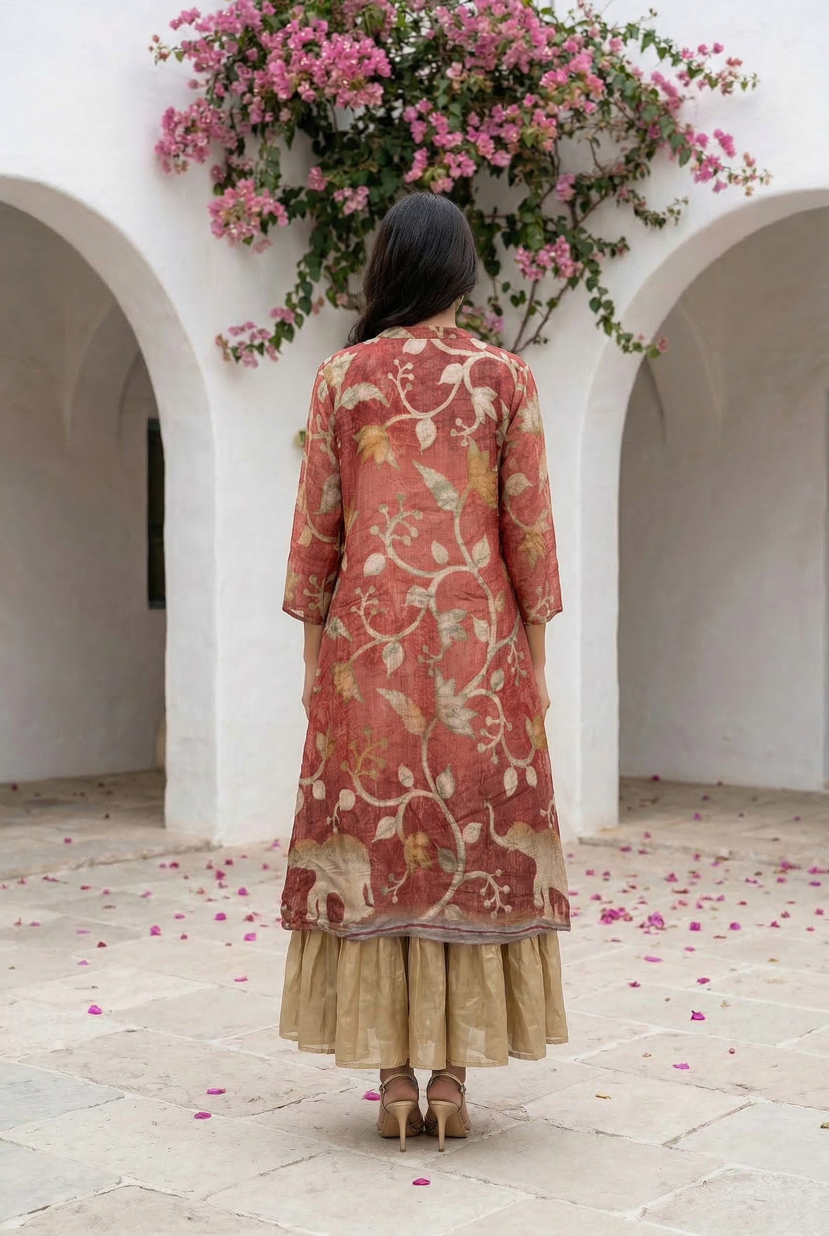 Maroon Flared Anarkali with Ethnic Printed Russian Silk Long Shrug Set
