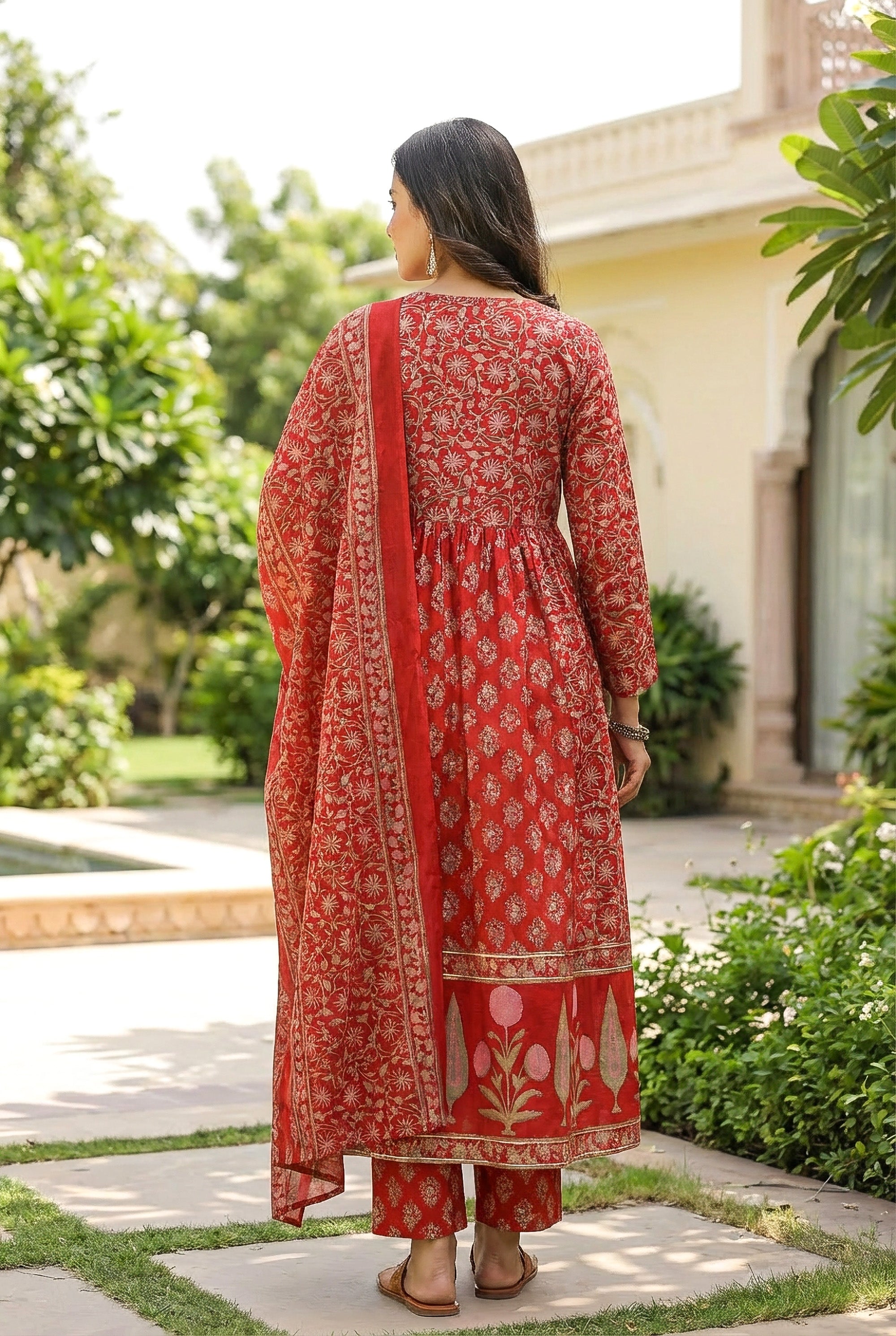 Red Floral Printed Anarkali Kurta Set with Dupatta