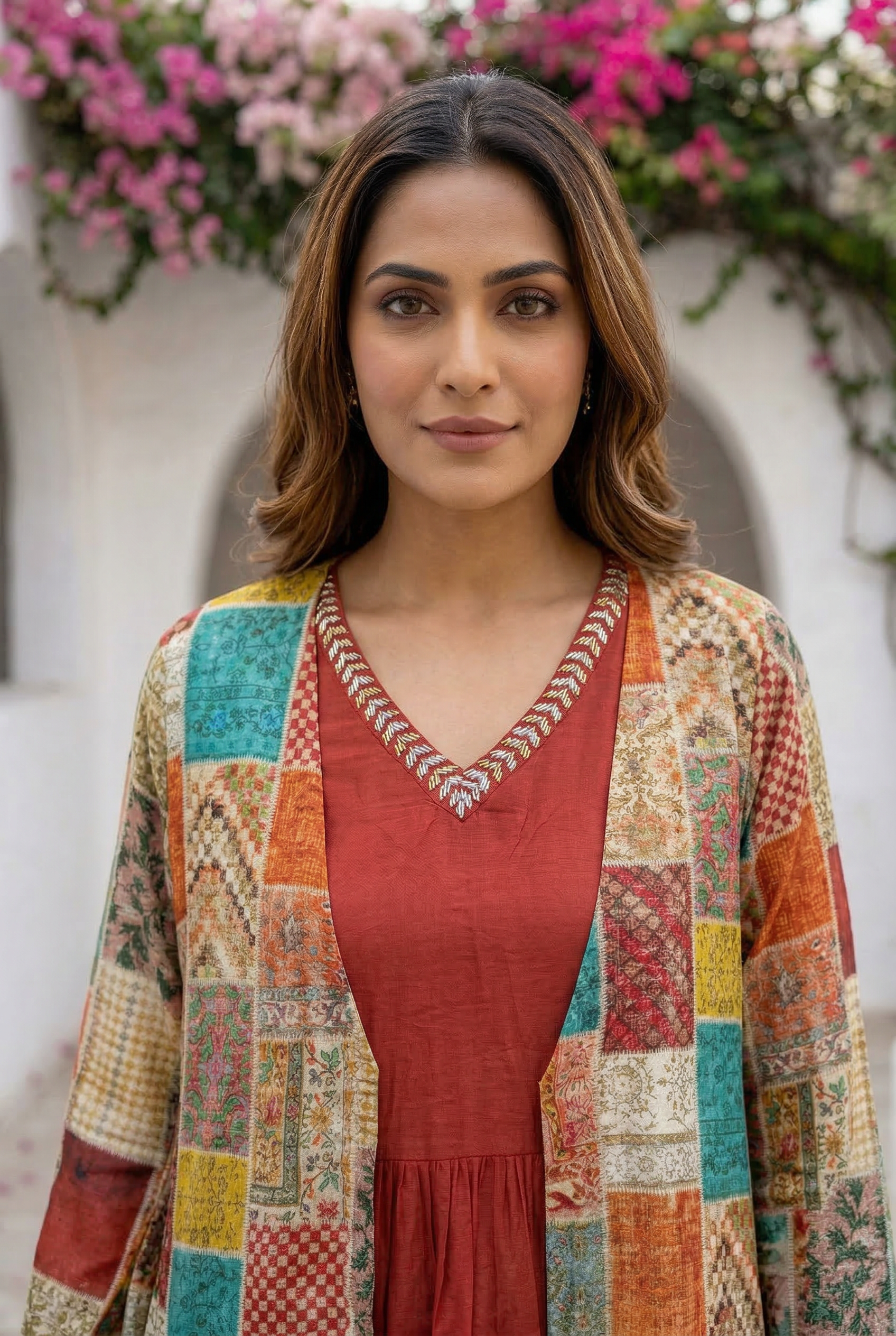 Multicolor Patchwork with Beige Anarkali Russian Silk Long Shrug Set