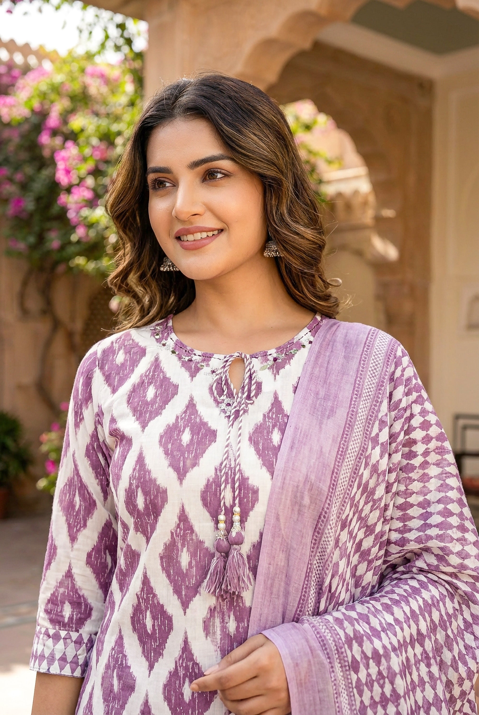 Lavender Ikat Printed Kurta Set with Dupatta