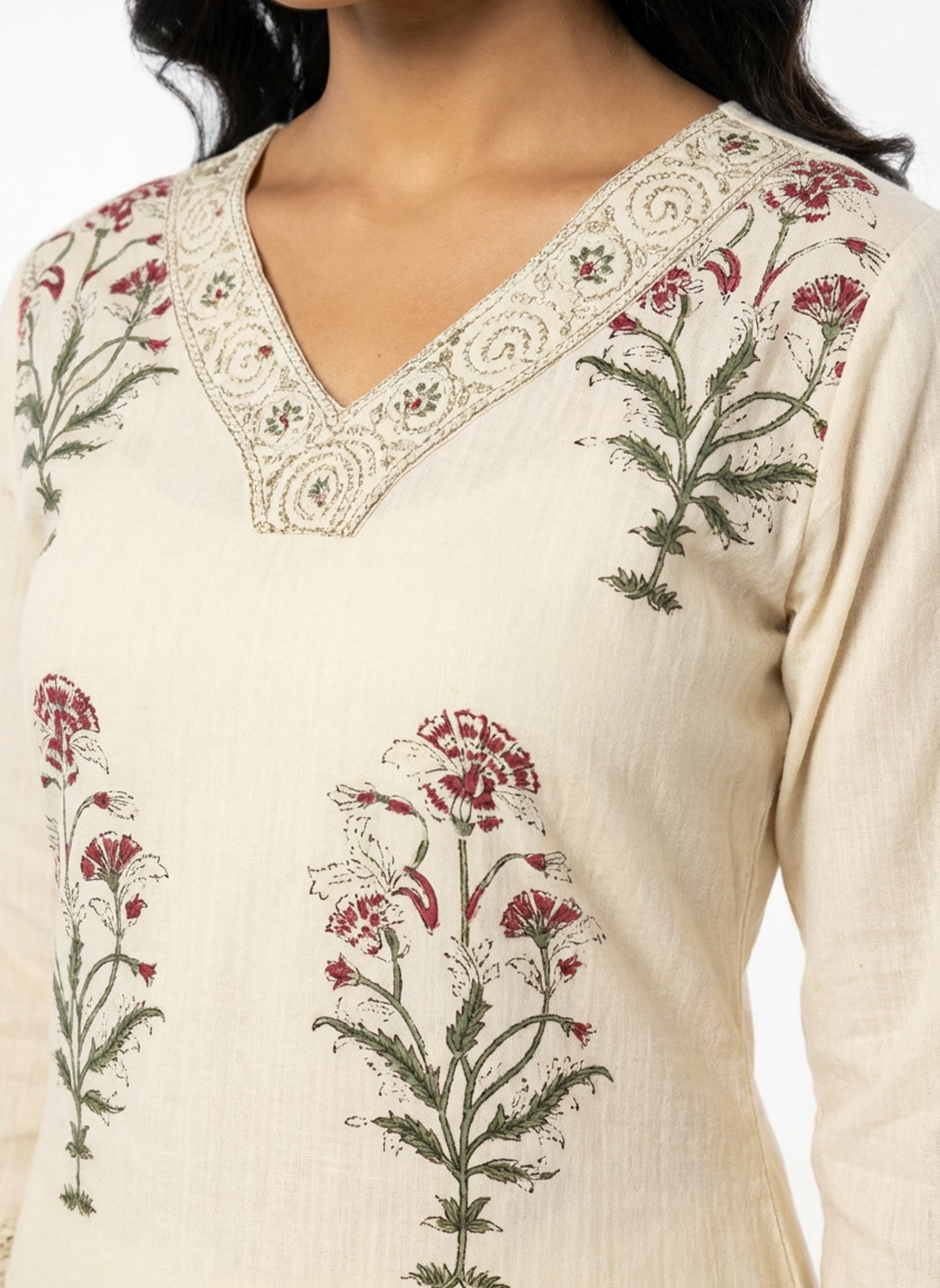 Graceful Ivory Floral Printed Kurta Set with Lace Border Detailing
