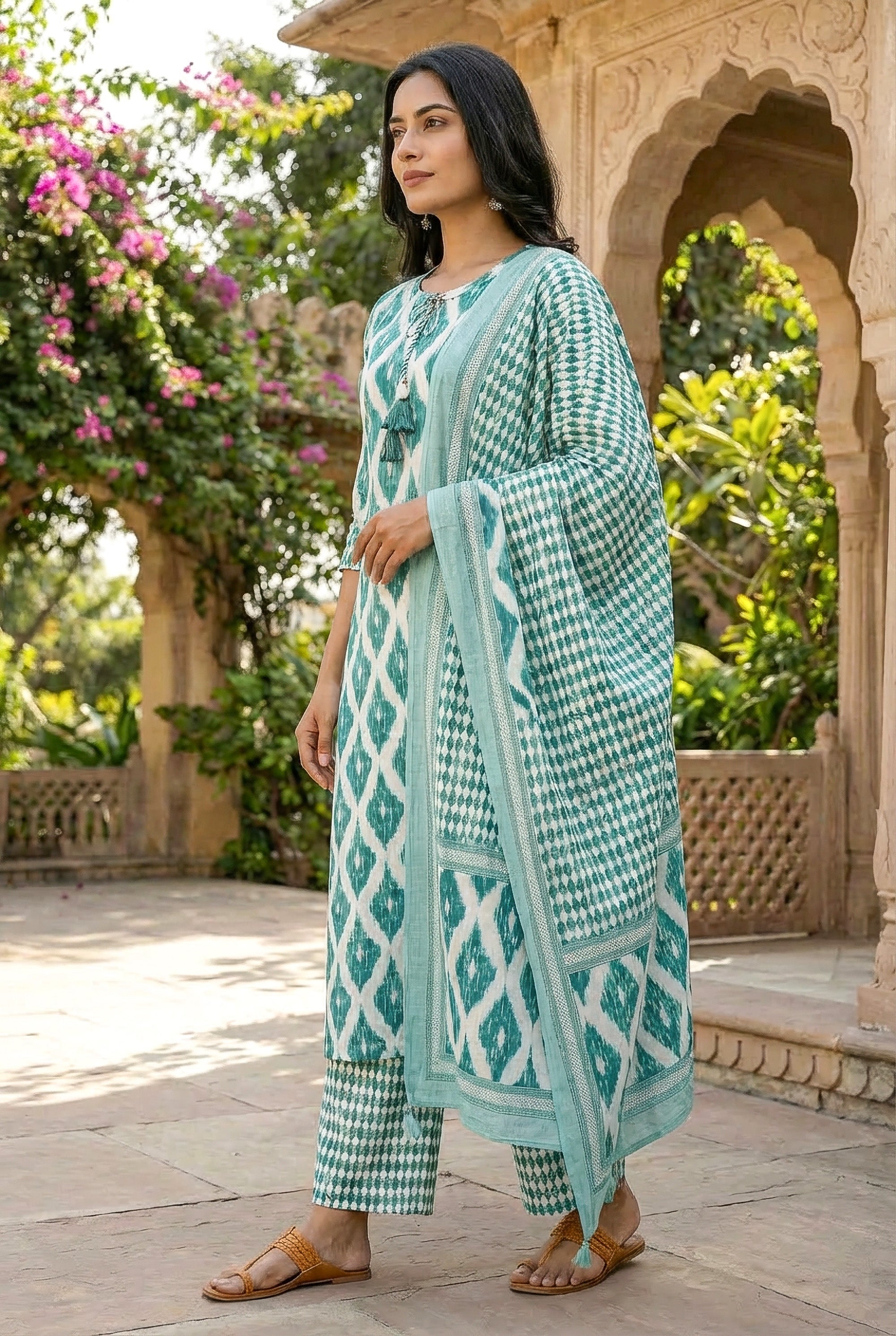 Teal Ikat Printed with Palazzo Pants & Dupatta