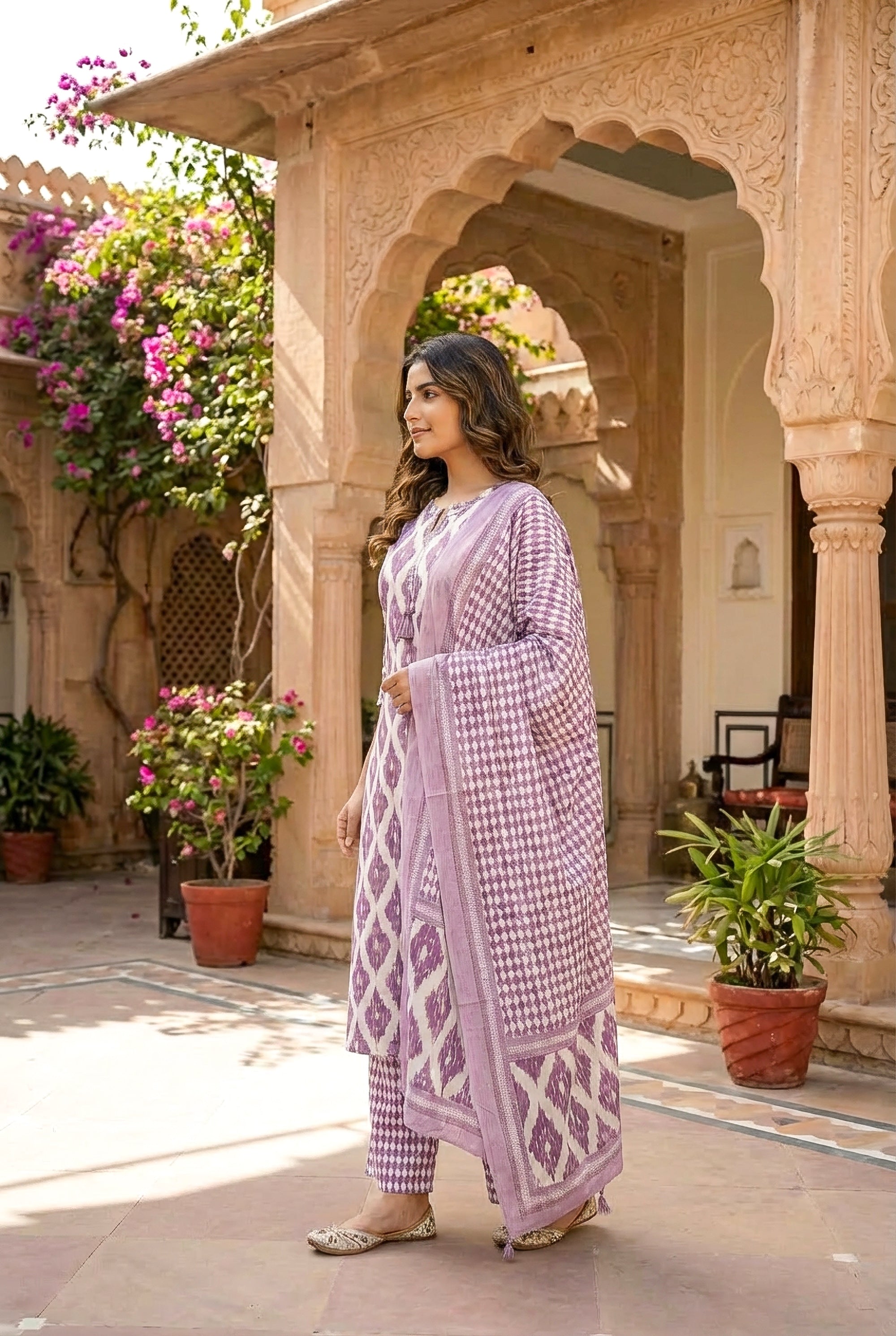 Lavender Ikat Printed Kurta Set with Dupatta