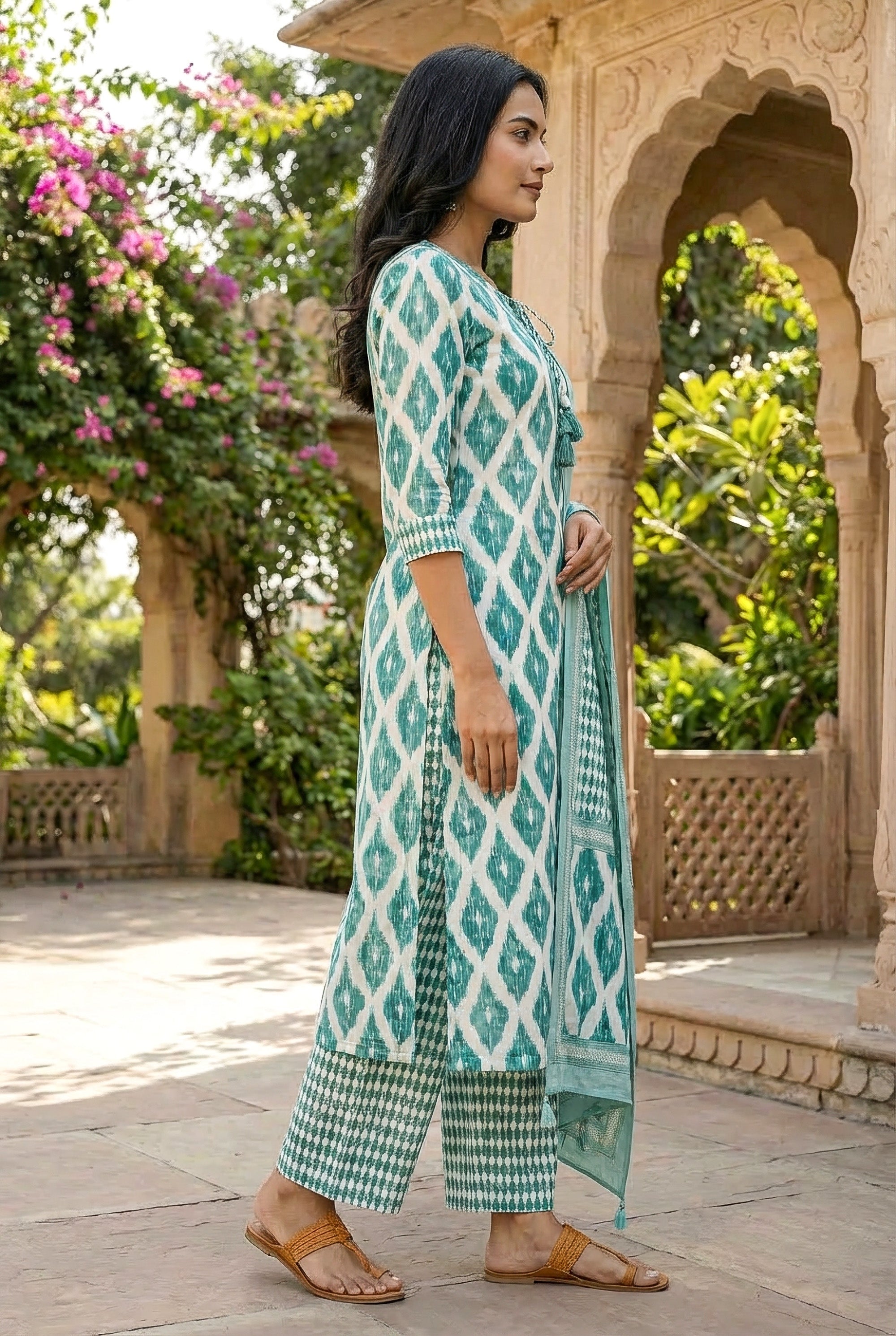 Teal Ikat Printed with Palazzo Pants & Dupatta