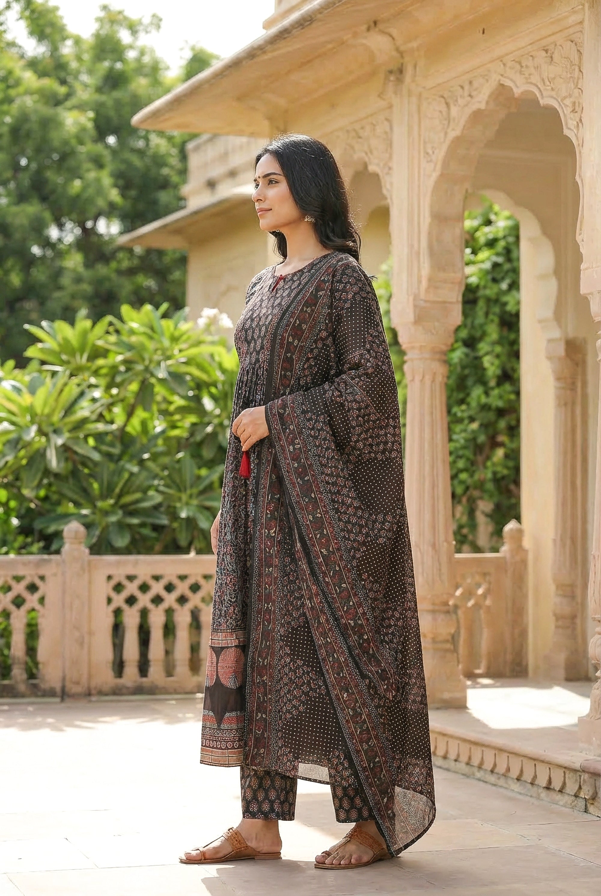 Midnight Black Ajrakh Printed Kurta Set with Pants & Dupatta