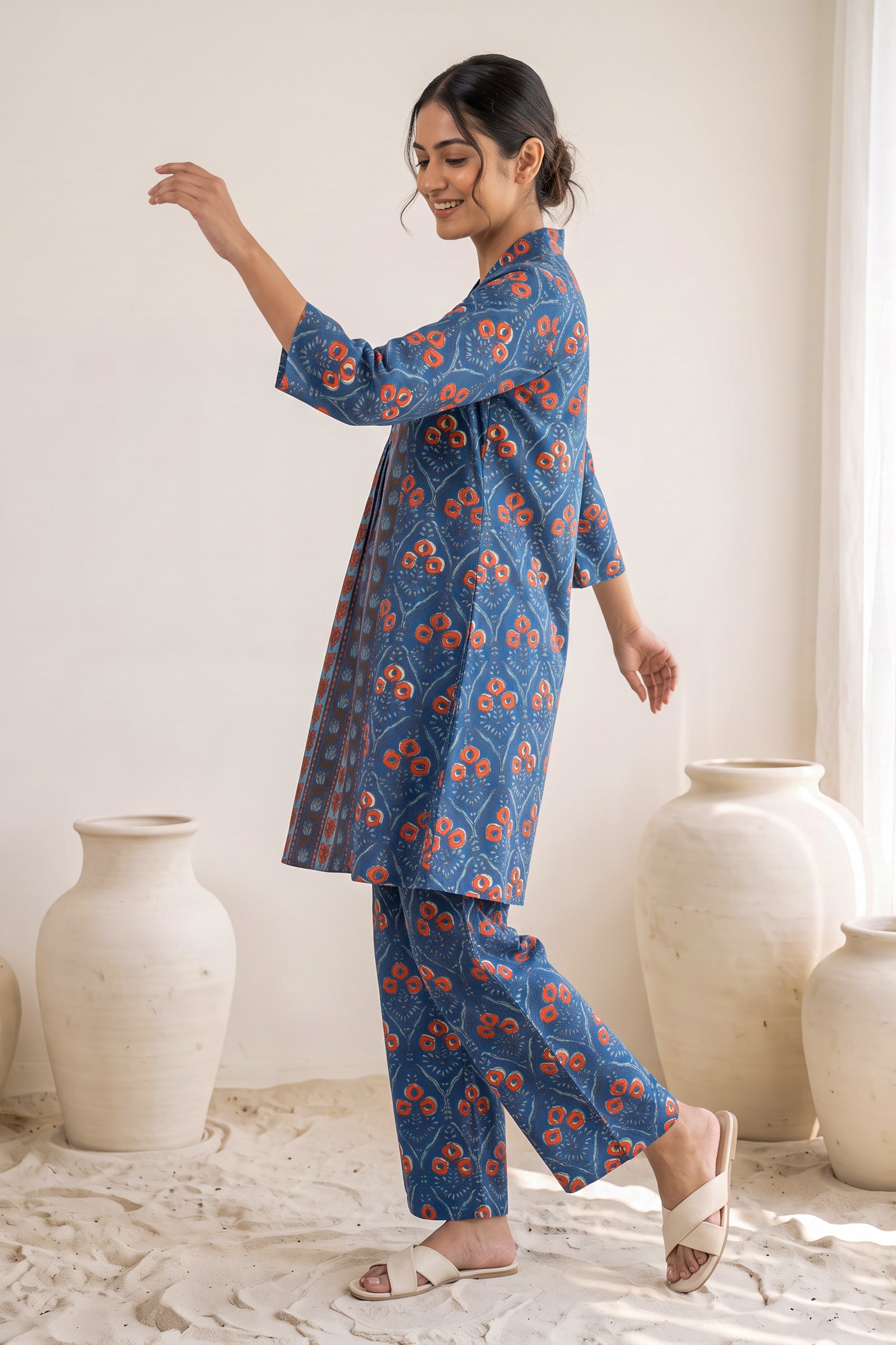 Indigo Floral Print Front Pleat Cotton Co-ord Set