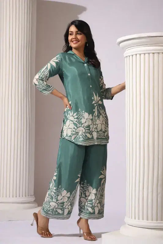 Pista Green Floral Printed Russian Silk Co-ord Set