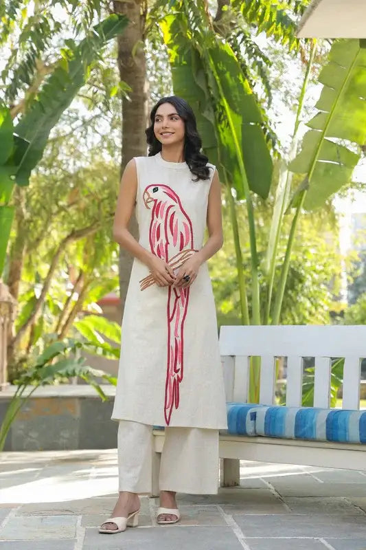 Parrot Embroidered Cotton Flex Co-ord Set