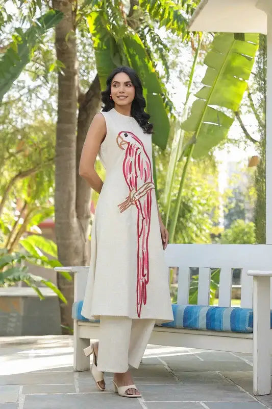 Parrot Embroidered Cotton Flex Co-ord Set