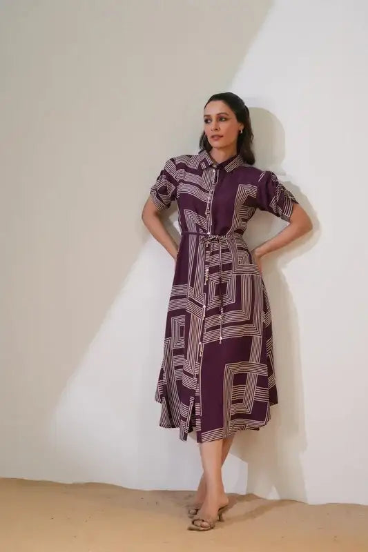 Plum Geometric Belted Russian Silk Dress
