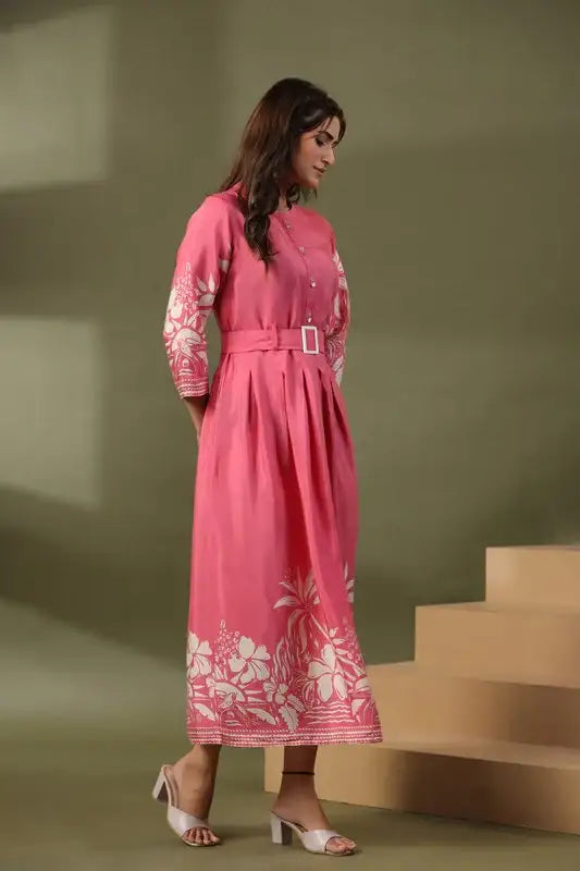 Blush Bloom Belted Russian Silk Dress
