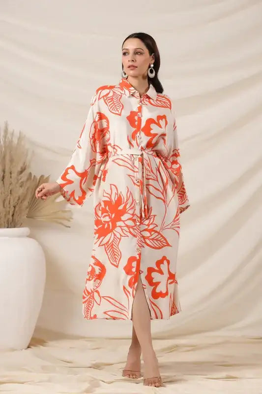 Orange Floral Printed Belted Russian Silk Dress