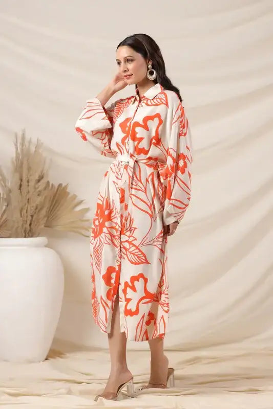 Orange Floral Printed Belted Russian Silk Dress