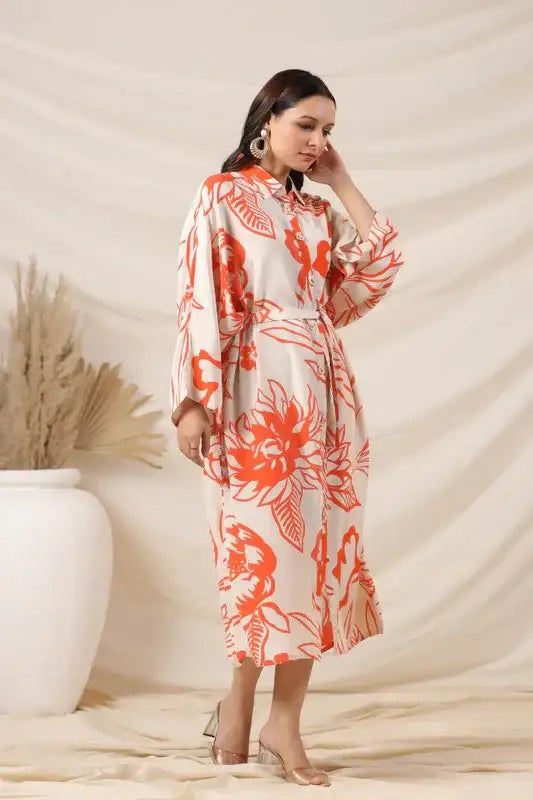 Orange Floral Printed Belted Russian Silk Dress