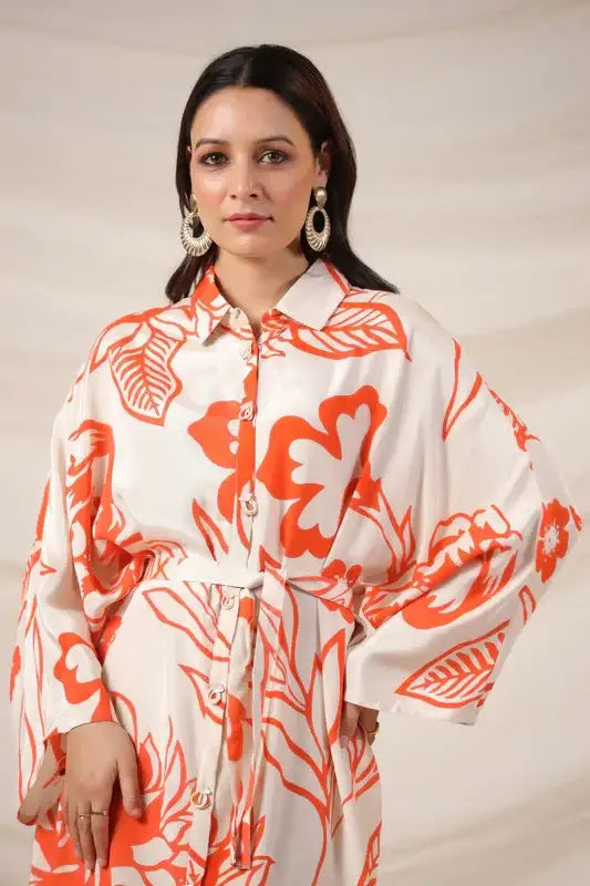 Orange Floral Printed Belted Russian Silk Dress