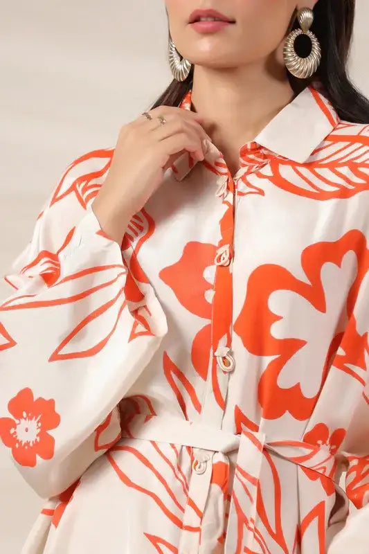 Orange Floral Printed Belted Russian Silk Dress