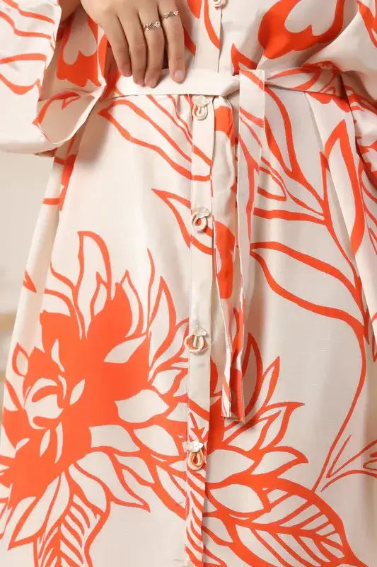 Orange Floral Printed Belted Russian Silk Dress