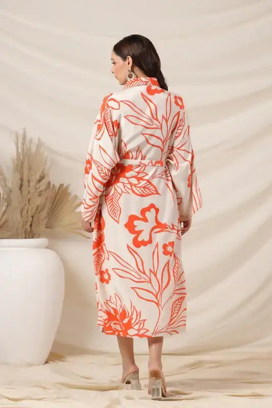 Orange Floral Printed Belted Russian Silk Dress