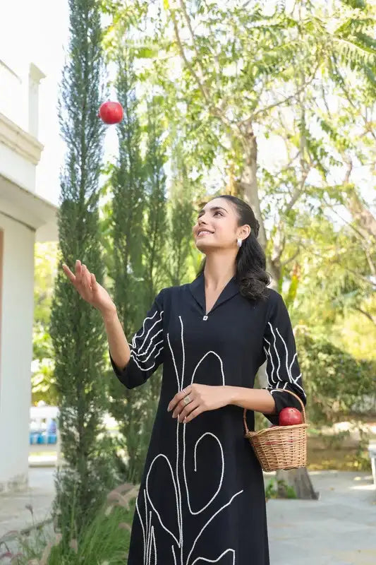 Black Botanical Line Art Embroidered Cotton Dress