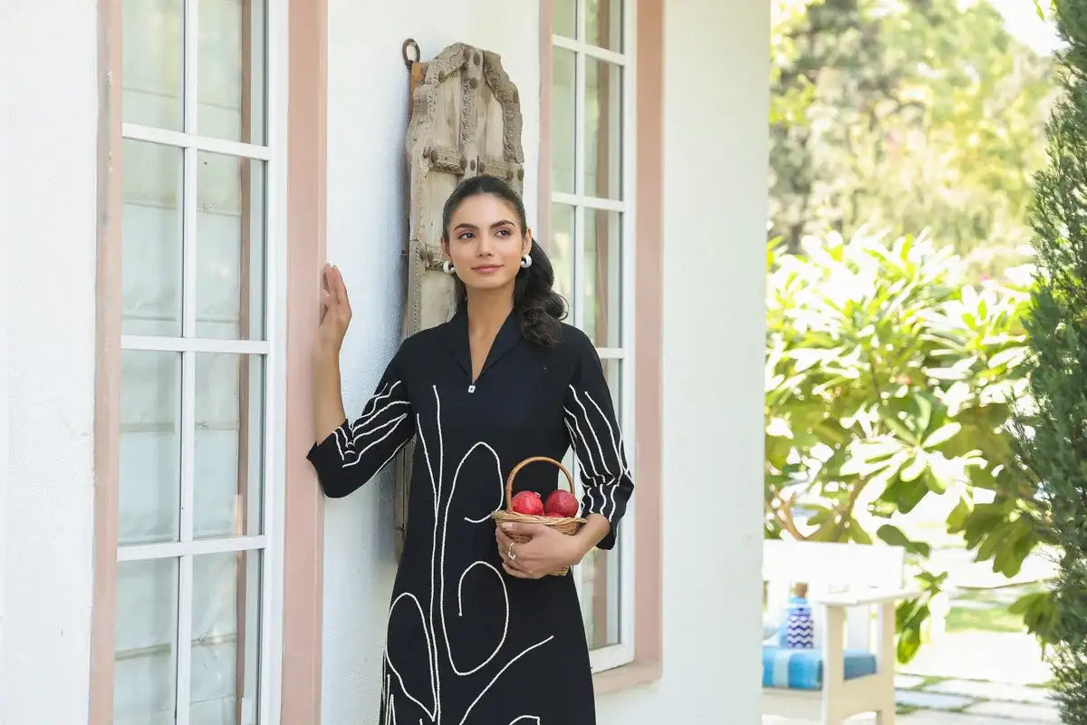 Black Botanical Line Art Embroidered Cotton Dress