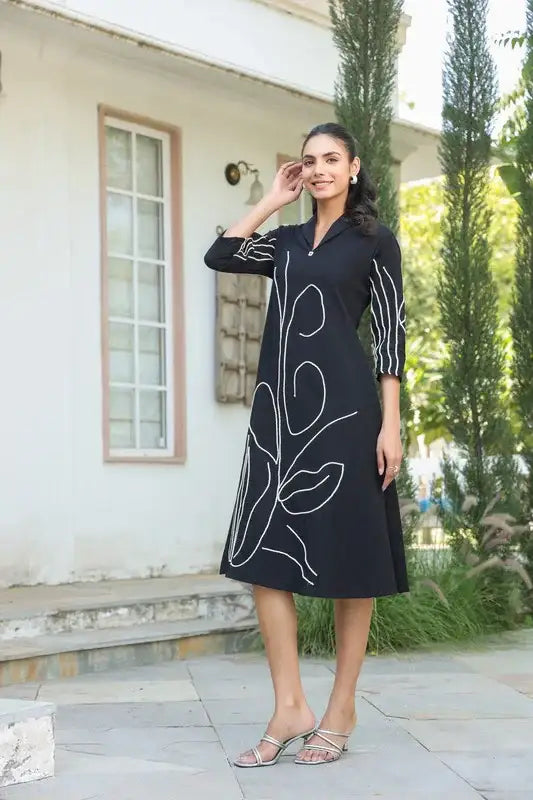 Black Botanical Line Art Embroidered Cotton Dress