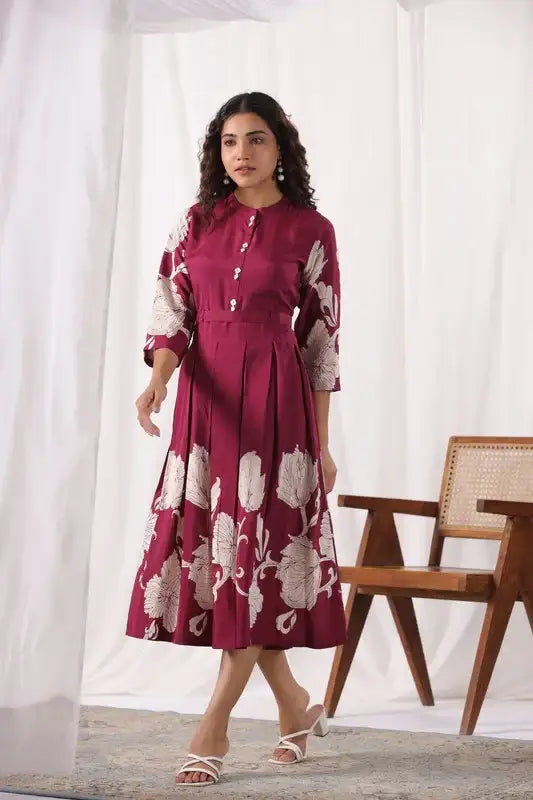 Elegant Wine Pleated Floral Russian Silk Dress