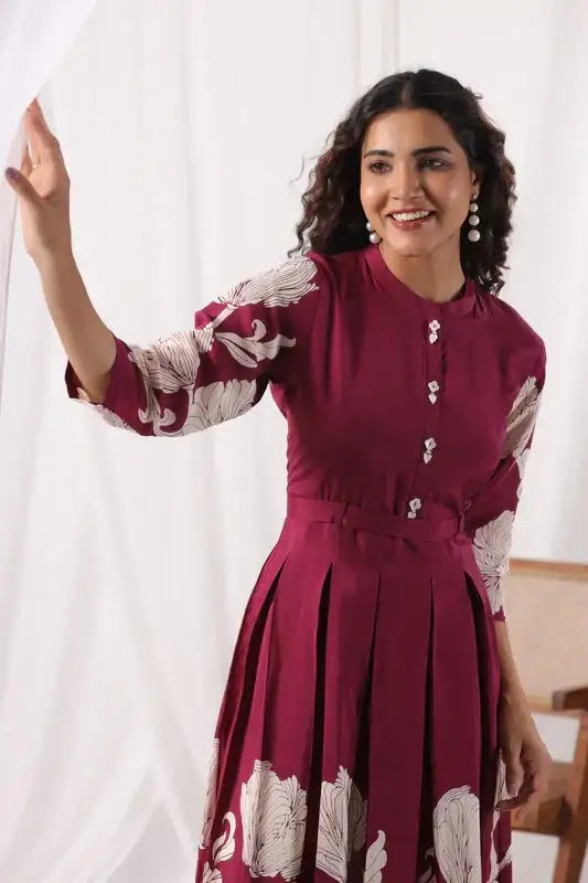 Elegant Wine Pleated Floral Russian Silk Dress