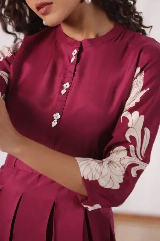 Elegant Wine Pleated Floral Russian Silk Dress