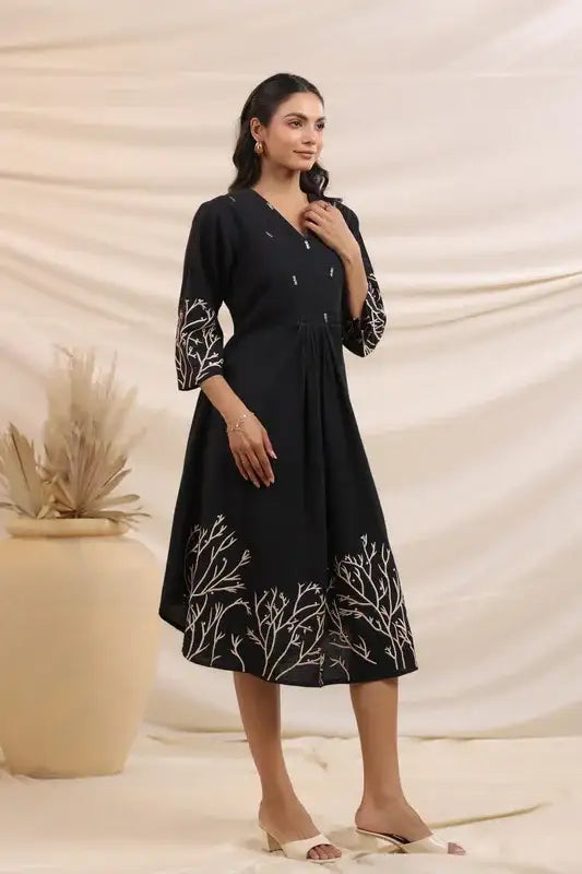 Midnight Black Elegance Flared Cotton Embroidered Dress