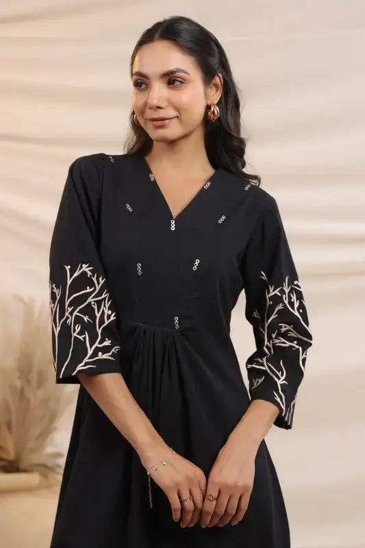 Midnight Black Elegance Flared Cotton Embroidered Dress